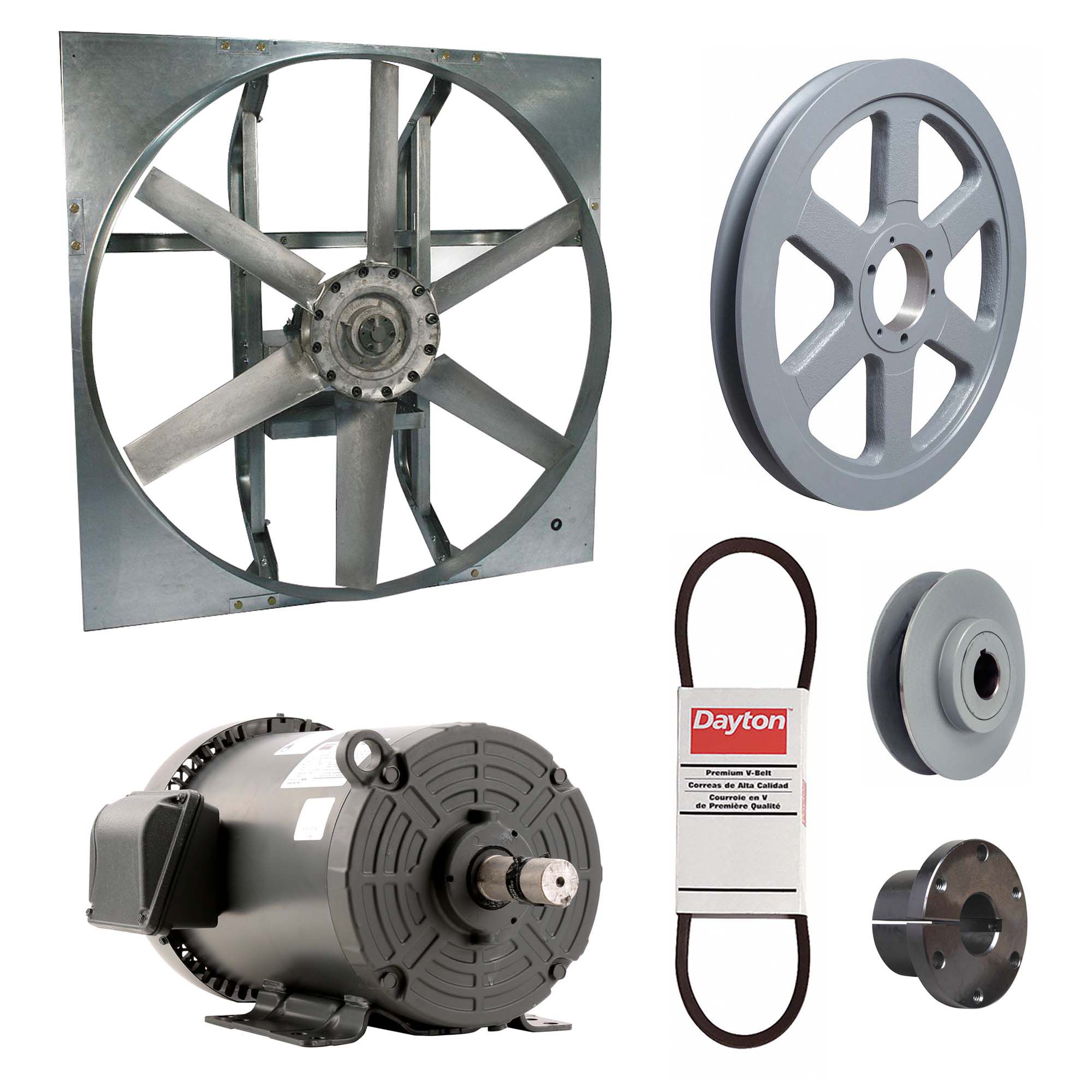 Exhaust Fan with Drive Package: Belt Drive, 42 in Blade, 5 hp, 30, 825 cfm, 208-230/460V AC, 3 ph