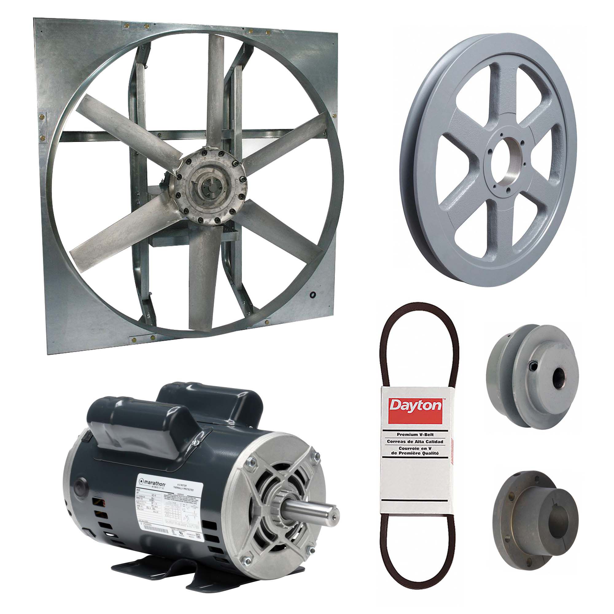 Exhaust Fan with Drive Package: Belt Drive, 48 in Blade, 2 hp, 28, 995 cfm, 115/208-230V AC, 1 ph