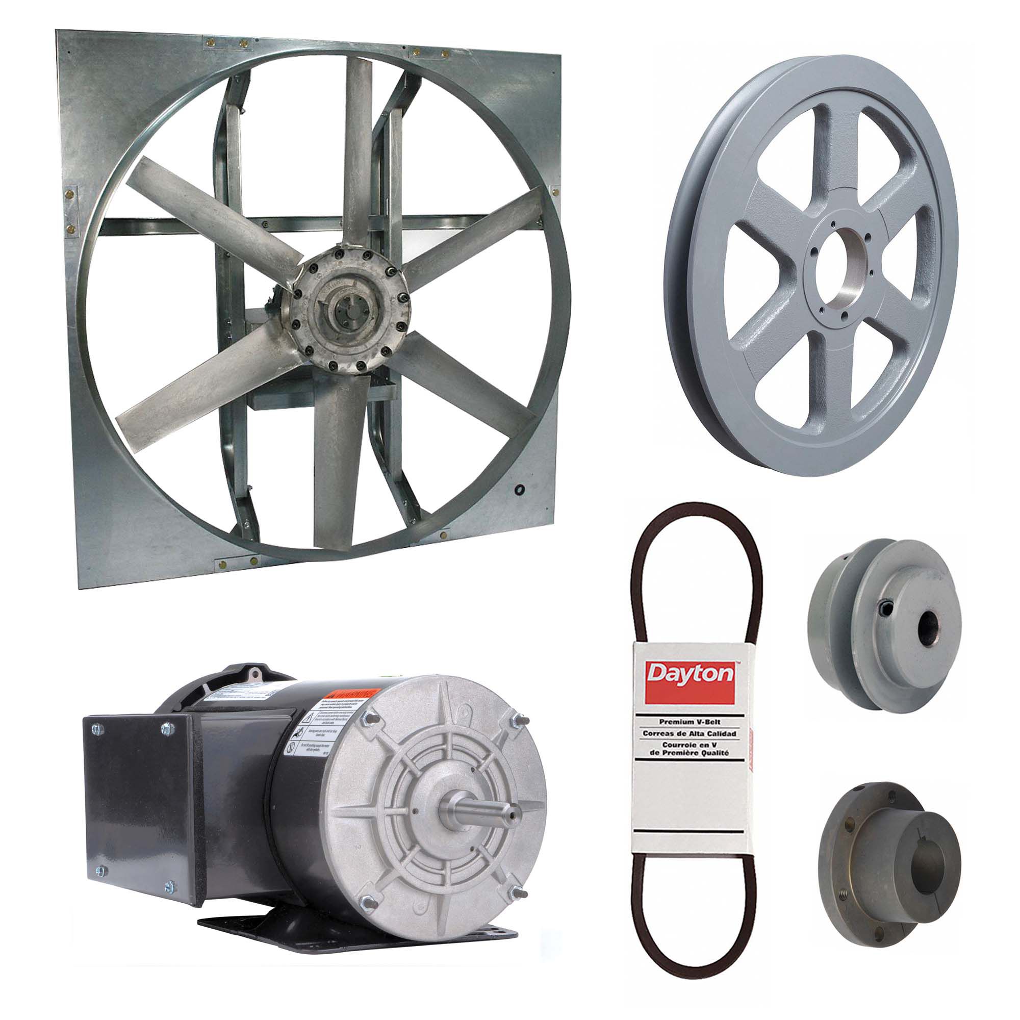 Exhaust Fan with Drive Package: Belt Drive, 48 in Blade, 2 hp, 28, 995 cfm, 115/208-230V AC, 1 ph