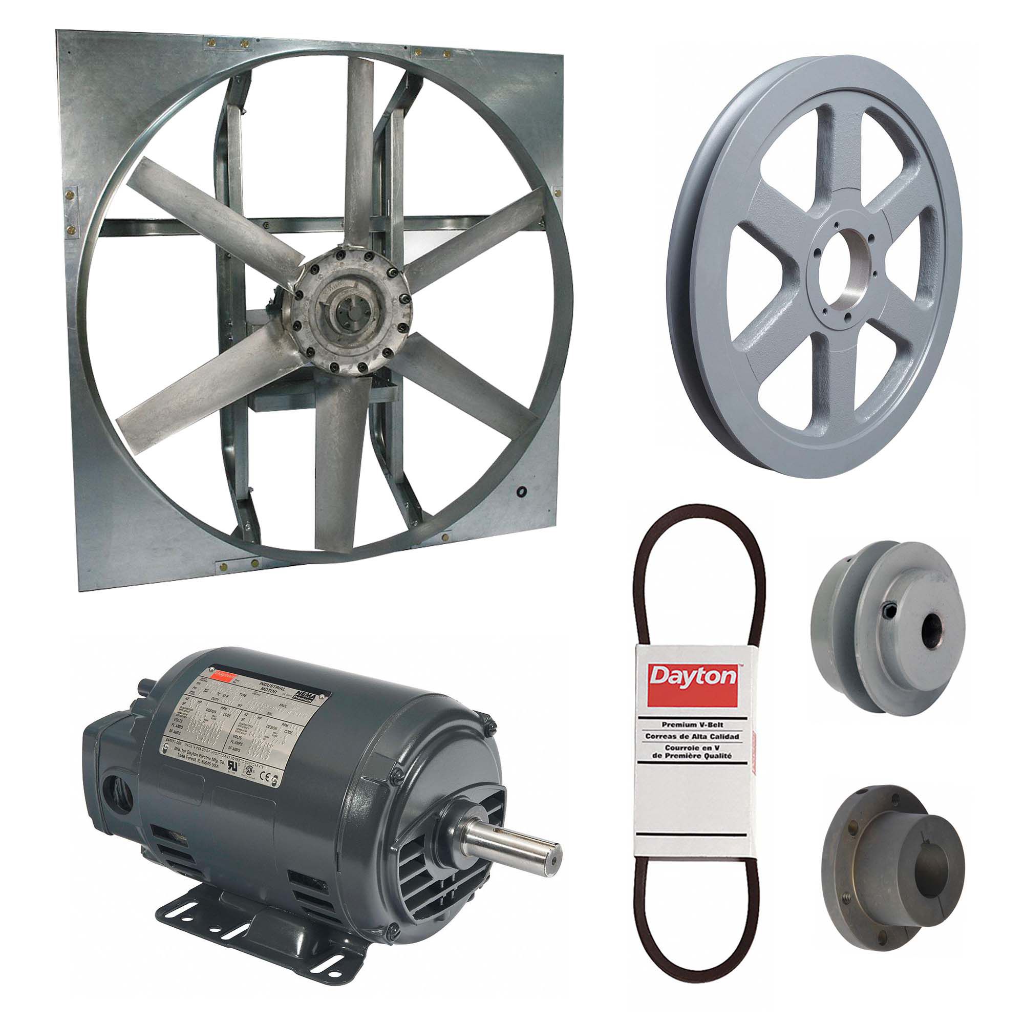 Exhaust Fan with Drive Package: Belt Drive, 48 in Blade, 2 hp, 28, 995 cfm, 230/460V AC, 3 ph