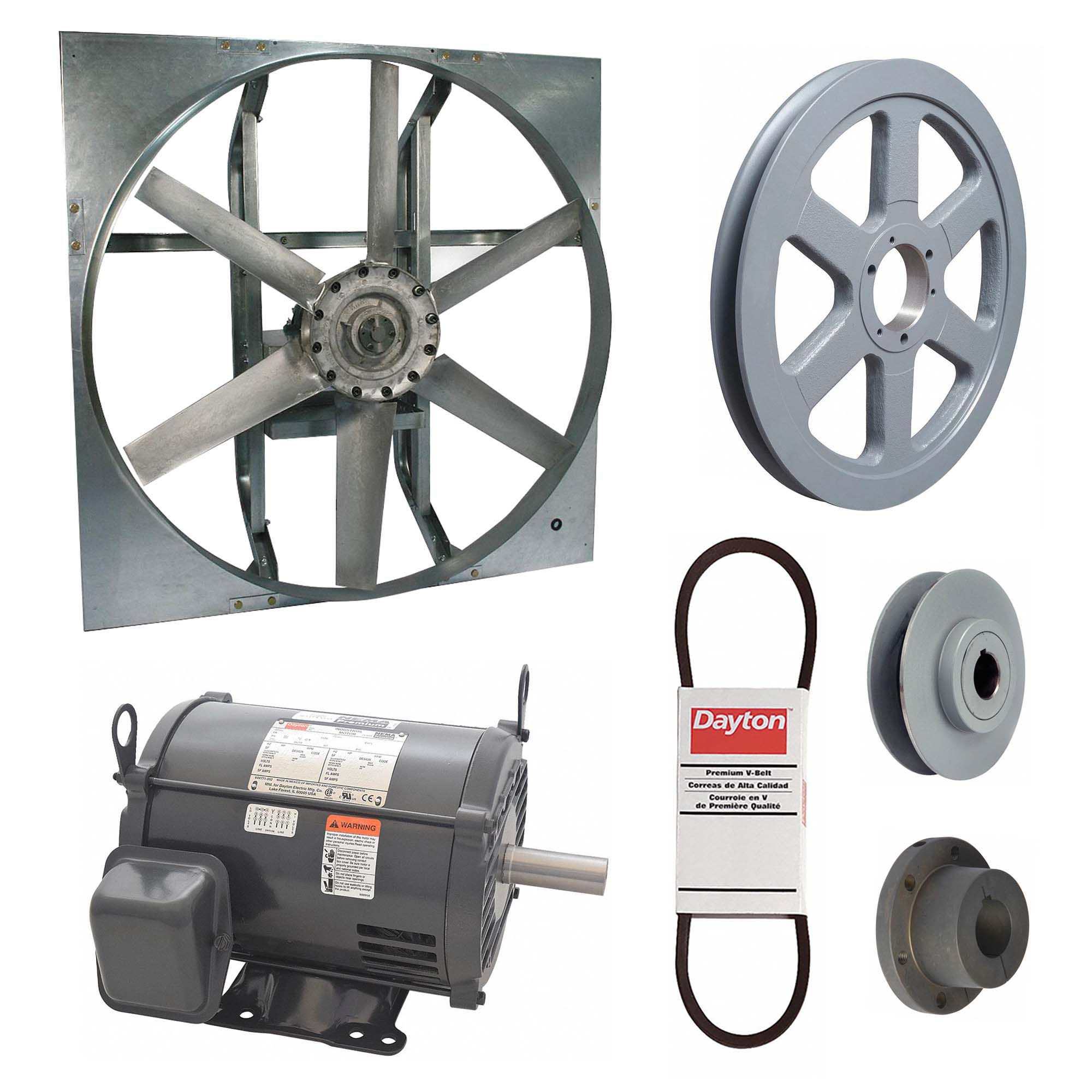 Exhaust Fan with Drive Package: Belt Drive, 48 in Blade, 3 hp, 33, 223 cfm, 208-230/460V AC, 3 ph