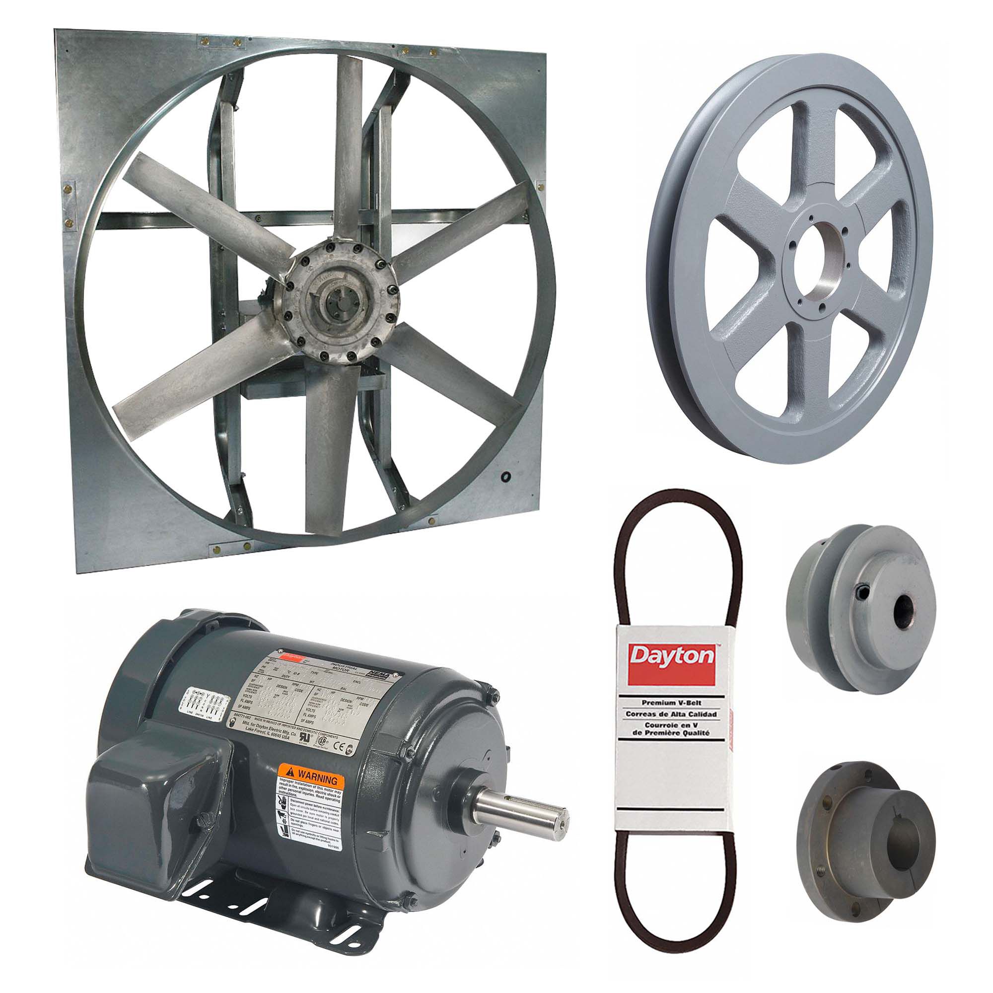 Exhaust Fan with Drive Package: Belt Drive, 48 in Blade, 2 hp, 28, 995 cfm, 230/460V AC, 3 ph