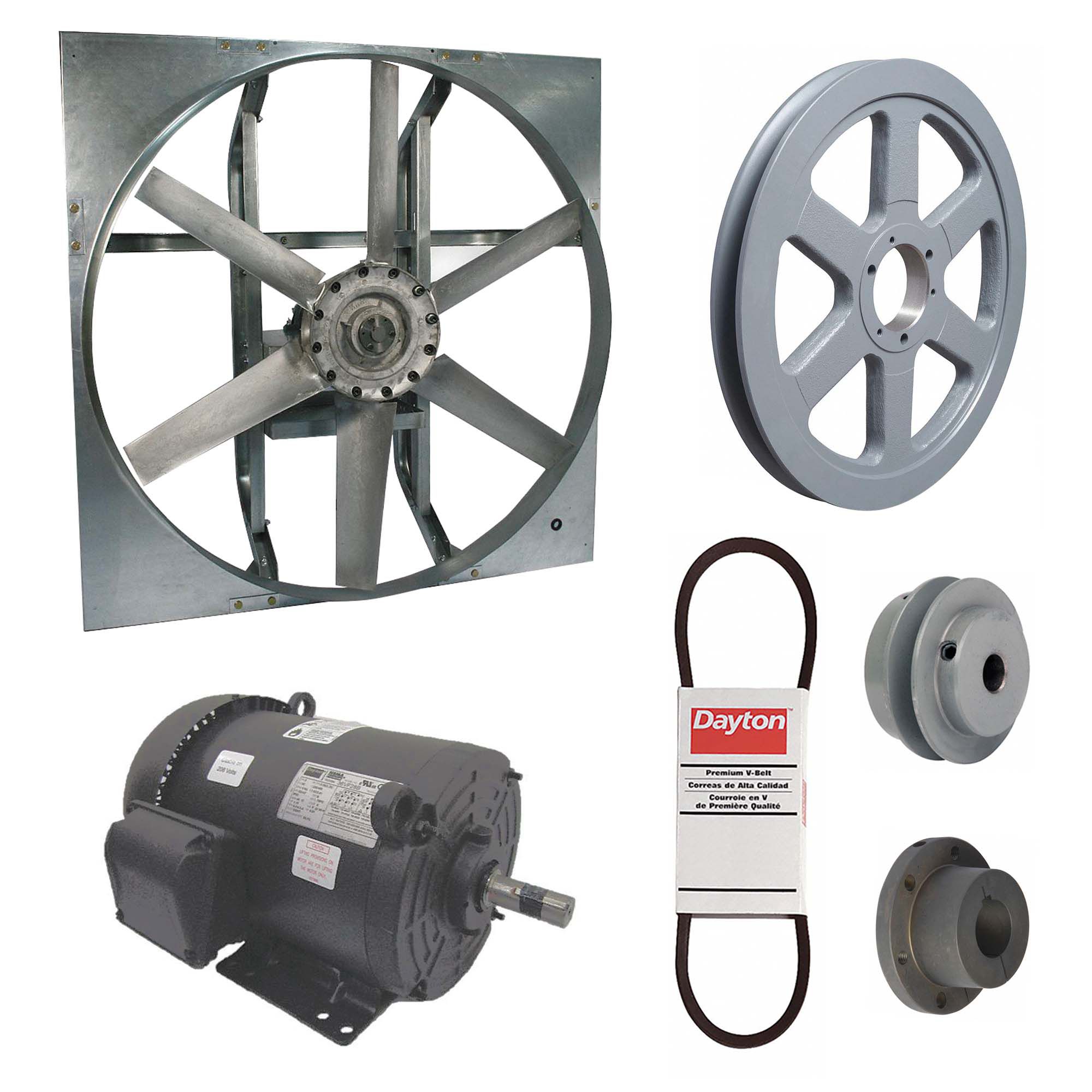 Exhaust Fan with Drive Package: Belt Drive, 48 in Blade, 3 hp, 33, 223 cfm, 208-230/460V AC, 3 ph