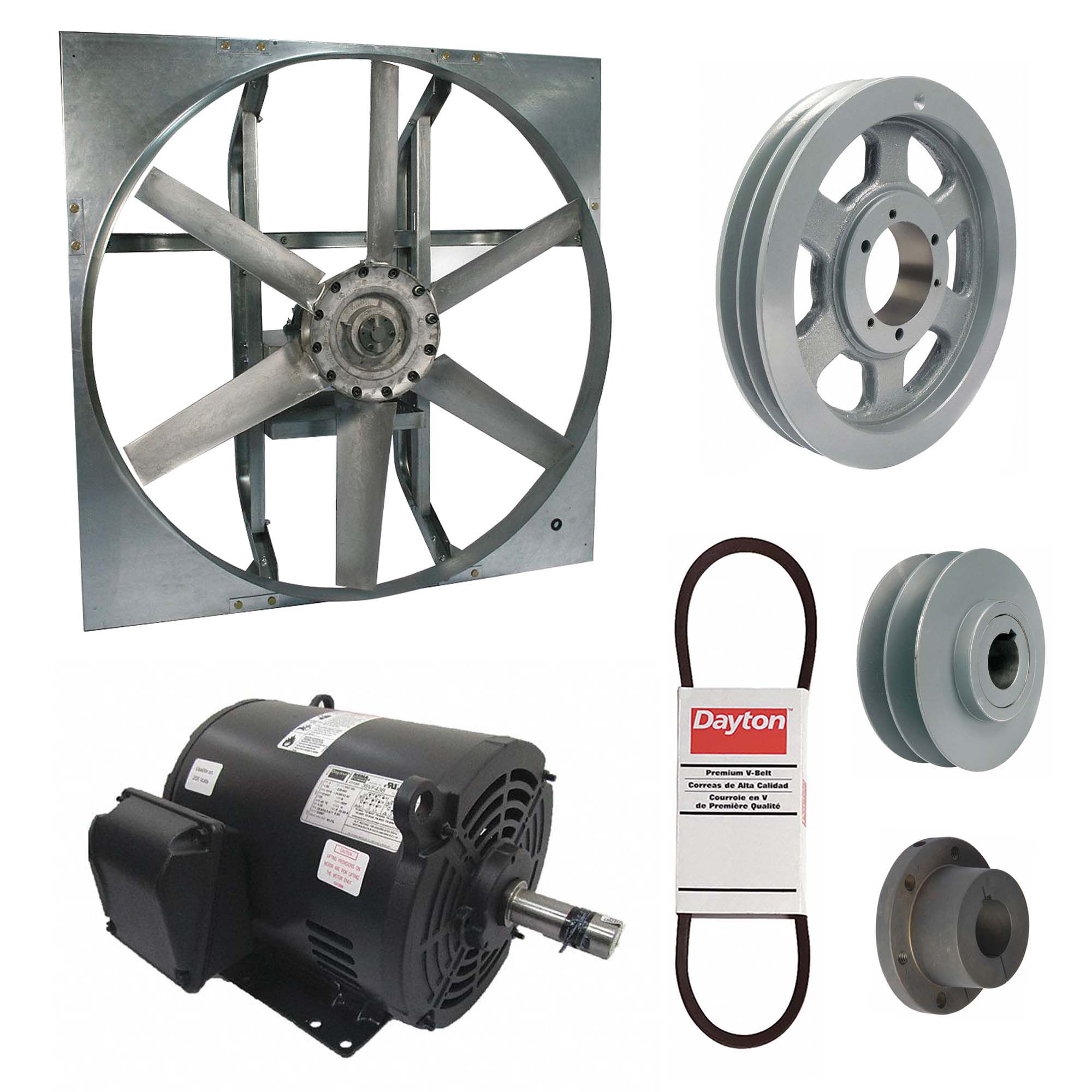 Exhaust Fan with Drive Package: Belt Drive, 54 in Blade, 10 hp, 50, 124 cfm, 230/460V AC, 3 ph