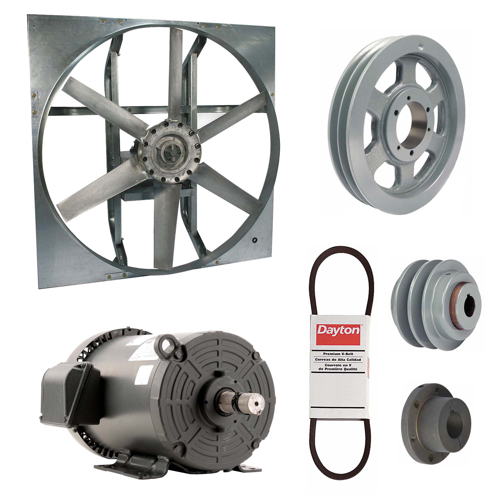 Exhaust Fan with Drive Package: Belt Drive, 54 in Blade, 5 hp, 39, 833 cfm, 208-230/460V AC, 3 ph