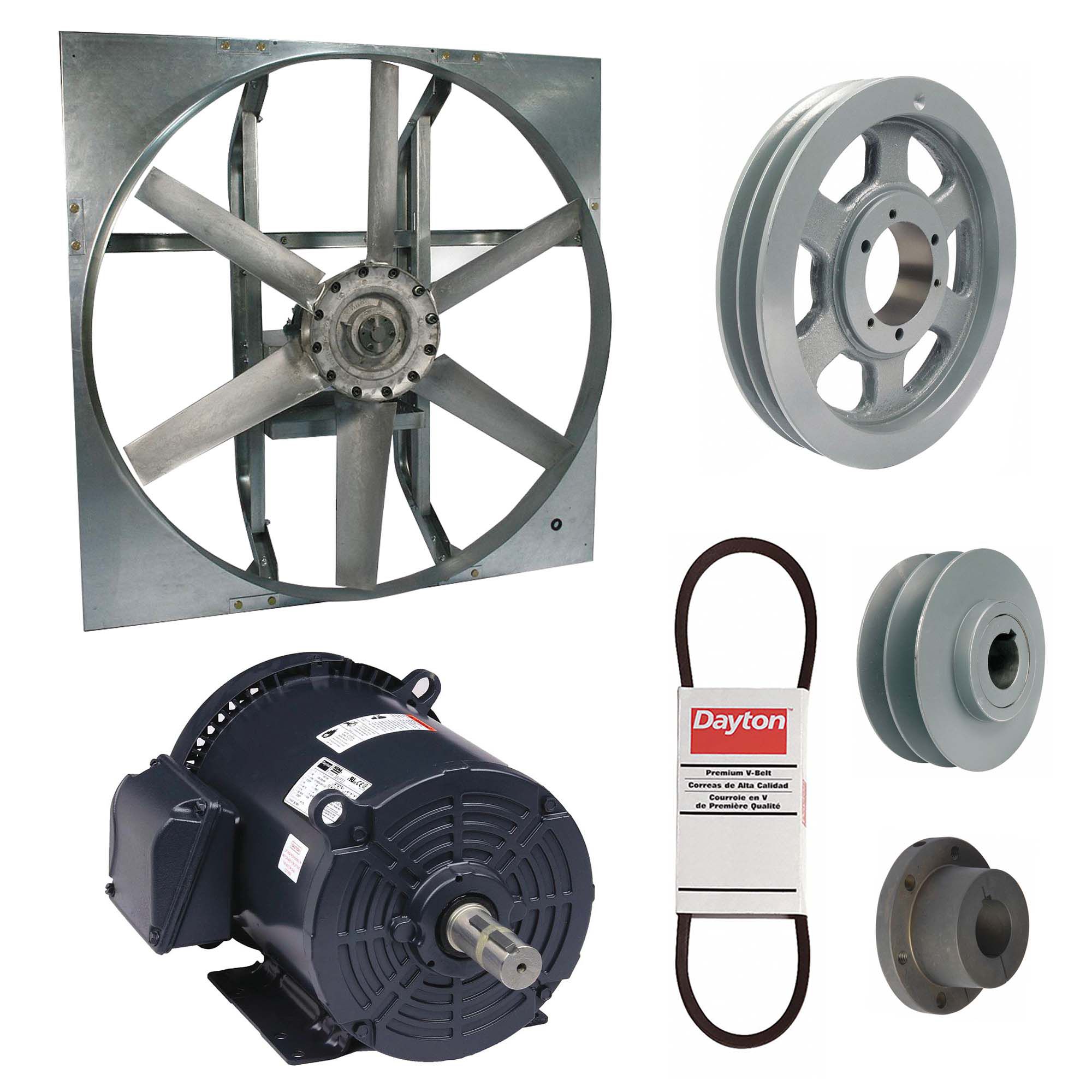 Exhaust Fan with Drive Package: Belt Drive, 54 in Blade, 10 hp, 50, 124 cfm, 230/460V AC, 3 ph