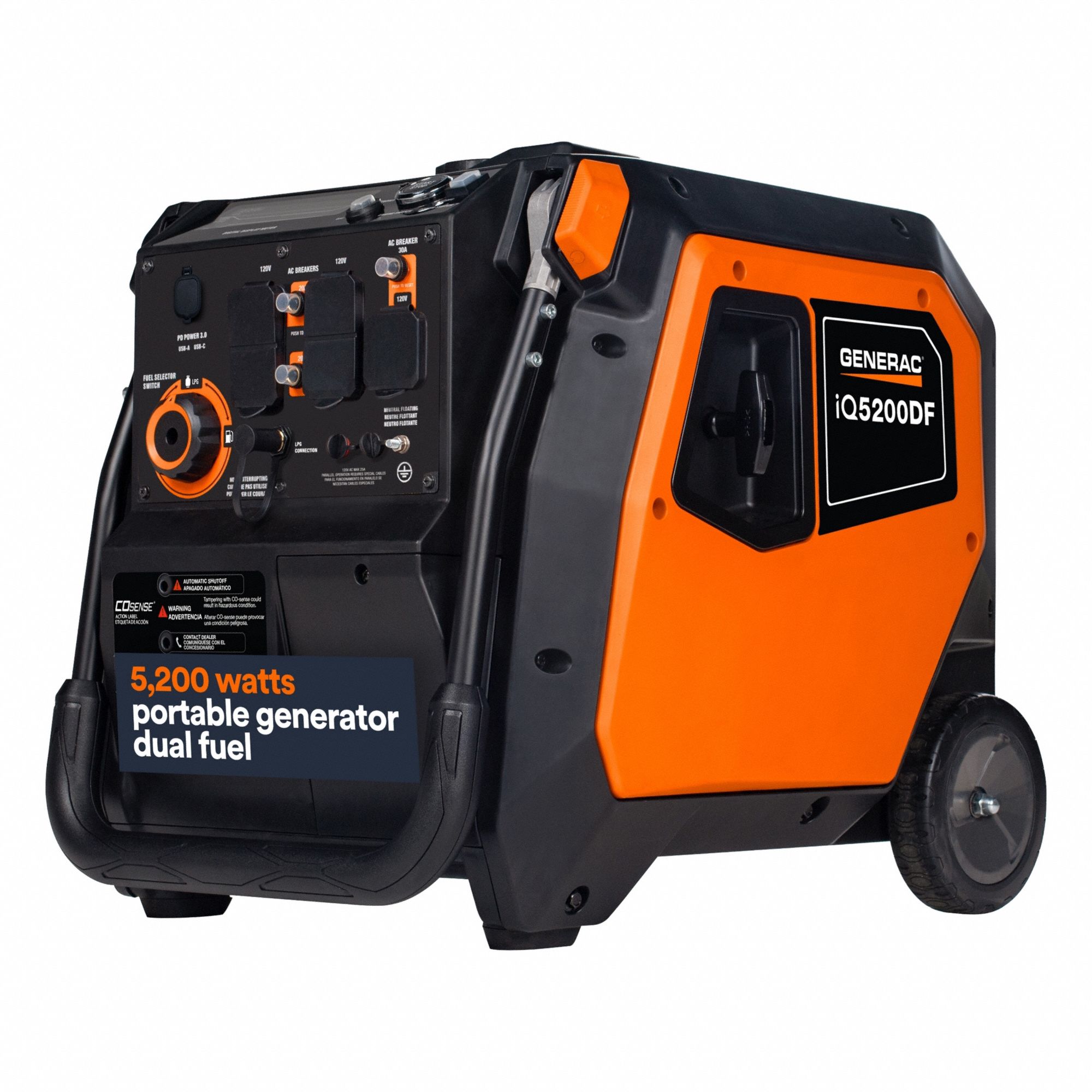 Portable Generator: Inverter, Gasoline/Propane, 3, 900 W Running, 5, 200 W Starting, 120V AC