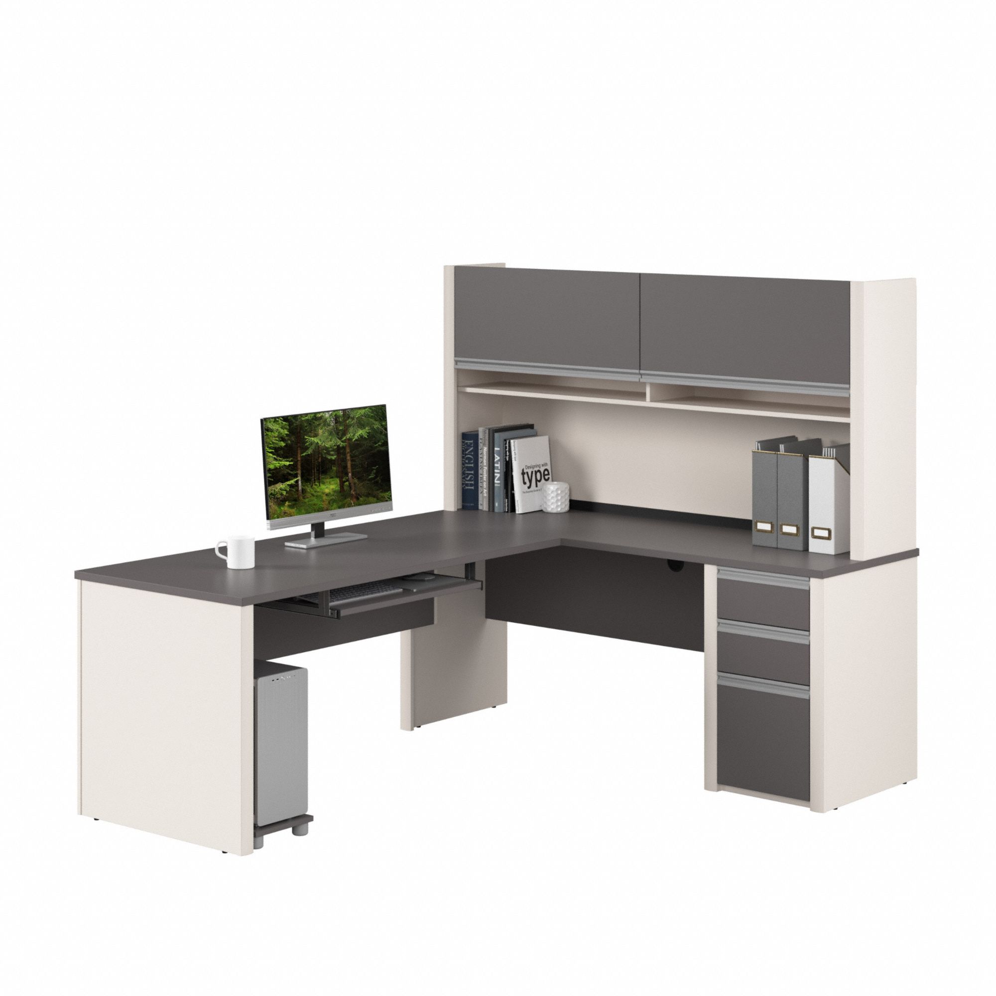 L-Shaped Office Desk: Sandstone/Slate, 71 1/8 in Overall Wd, 82 7/8 in Overall Dp