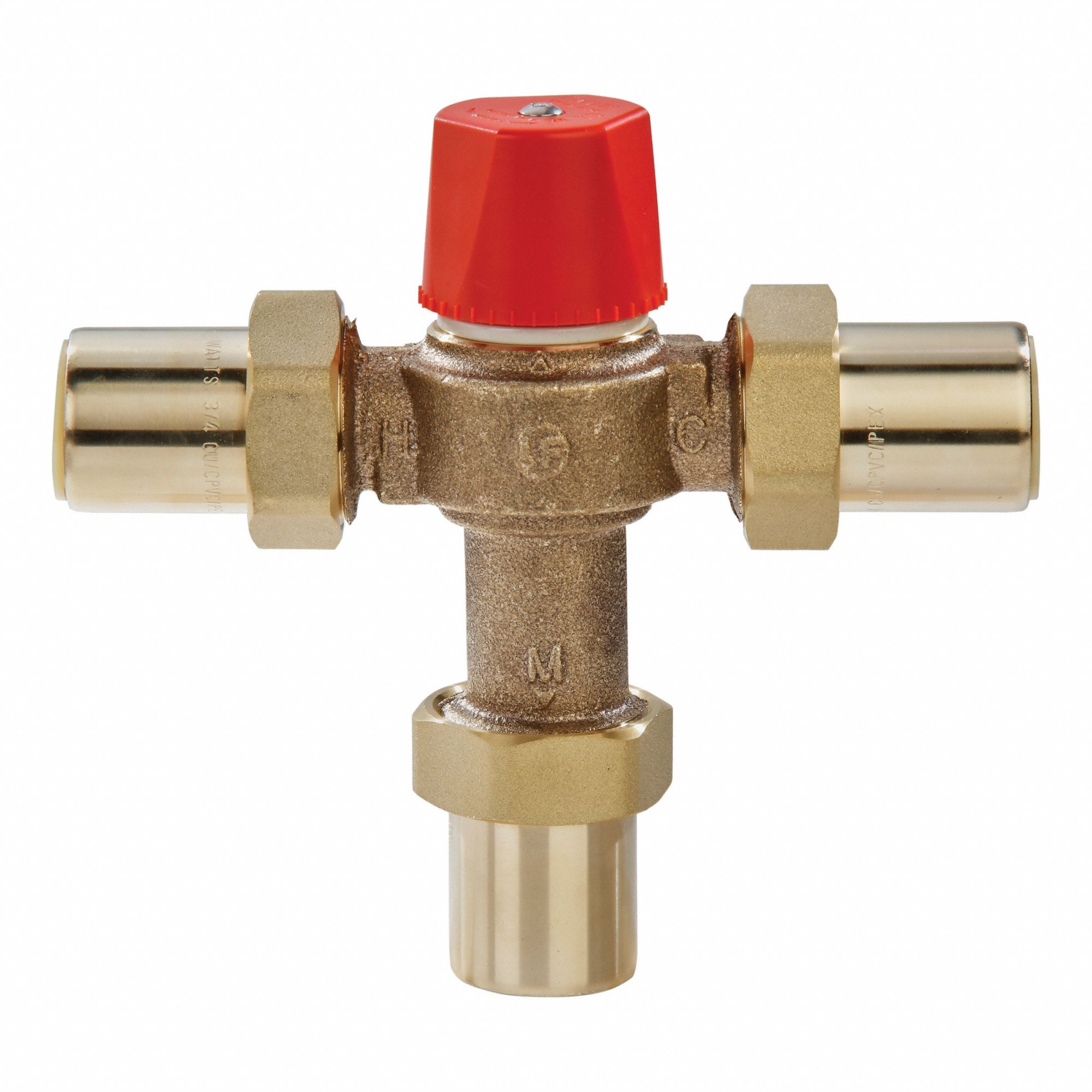 THERMOSTATIC MIXING VALVE: ¾ IN INLET CONNECTION SIZE, ¾ IN OUTLET CONNECTION SIZE, BRASS