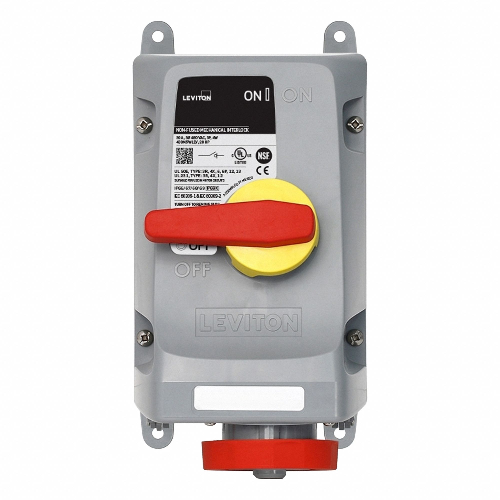 Pin and Sleeve Mechanical Interlock: Non-Fused, 30 A, 480V AC, 7 1/2 hp Horsepower Rating