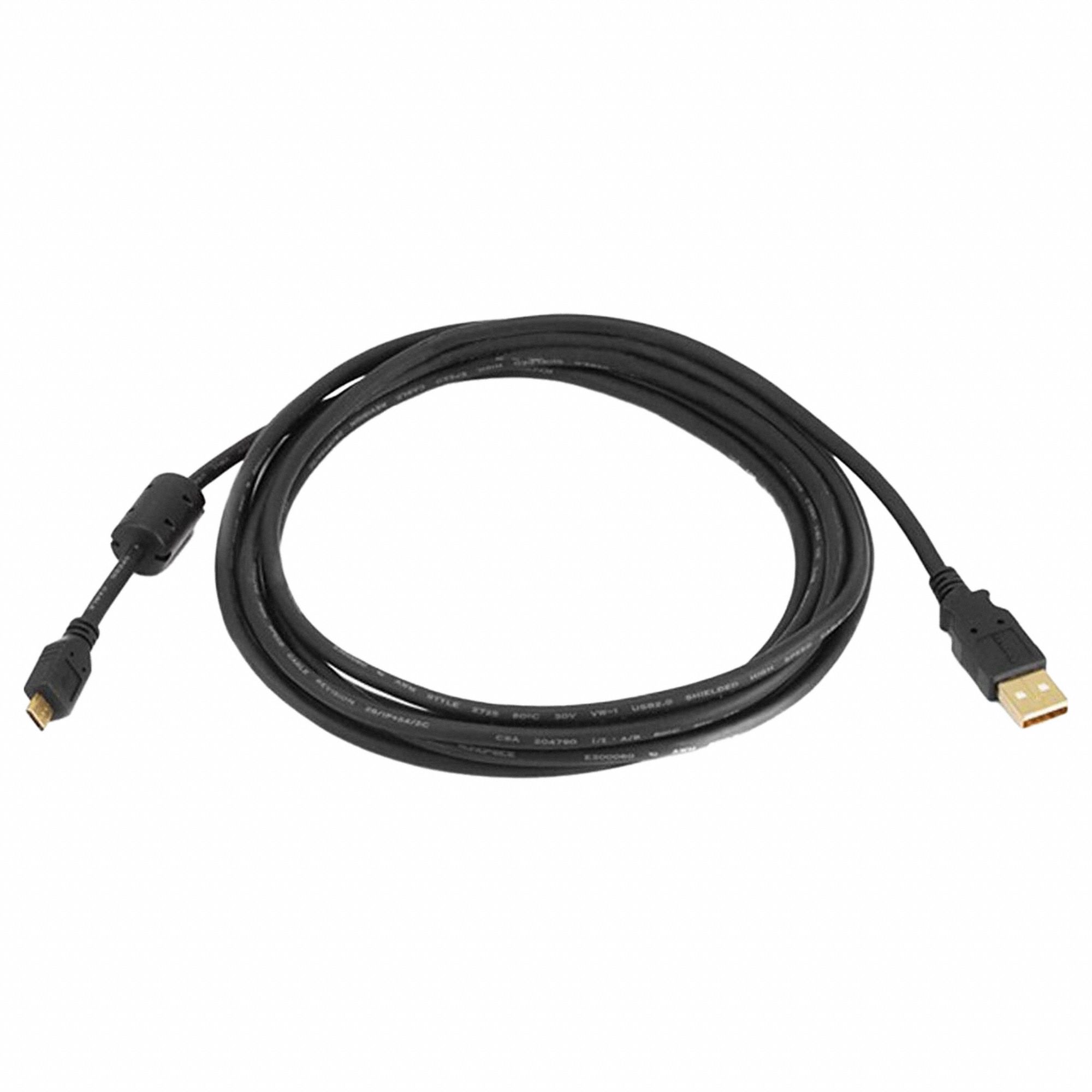 Standard USB Cable: Type A End 1, Micro B End 2, Black, 10 ft Lg, 2.0 USB Specification