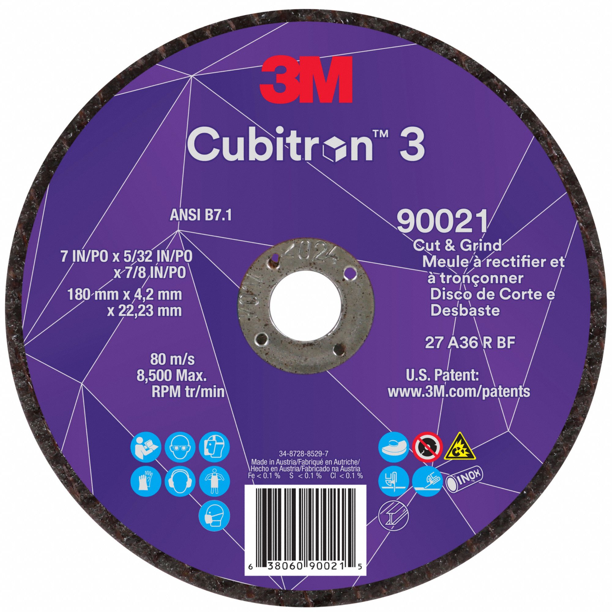 Cut-Off and Grinding Wheel: Type 27, 7" x 5/32" x 7/8", Ceramic, 36 Grit