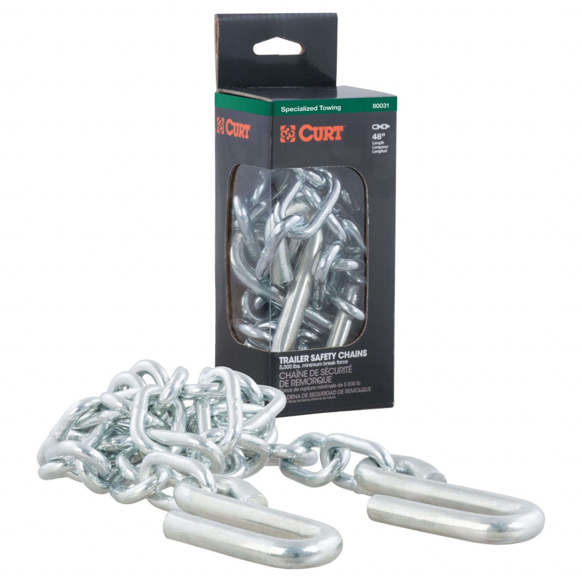 Towing Chain: Open Hook Attachment, Std Duty, 30, 48 in Overall Lg, Steel, Silver
