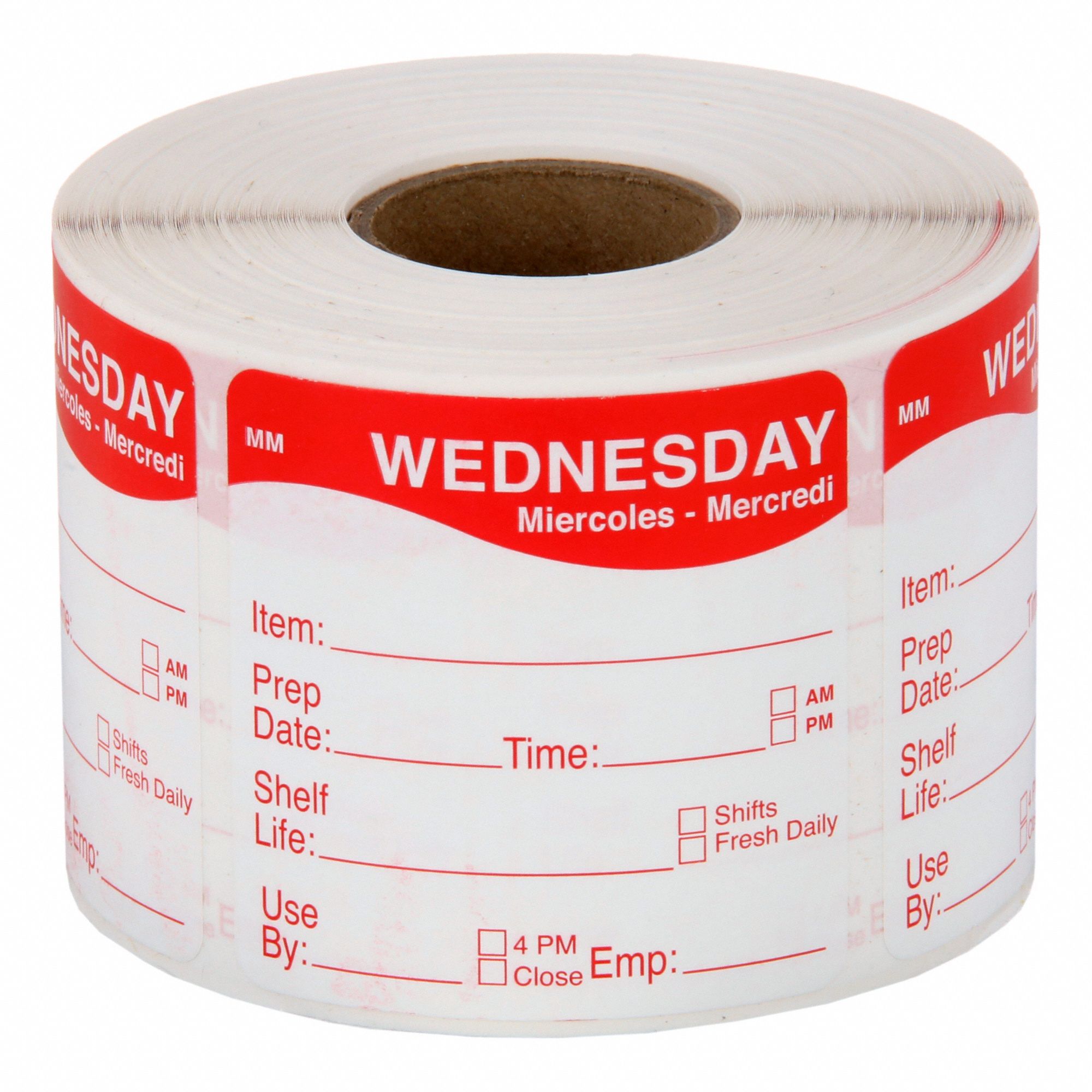 Food Safety Label: Red, Wednesday, Removable Label, 500 Labels, 2 in Ht, 2 in Wd