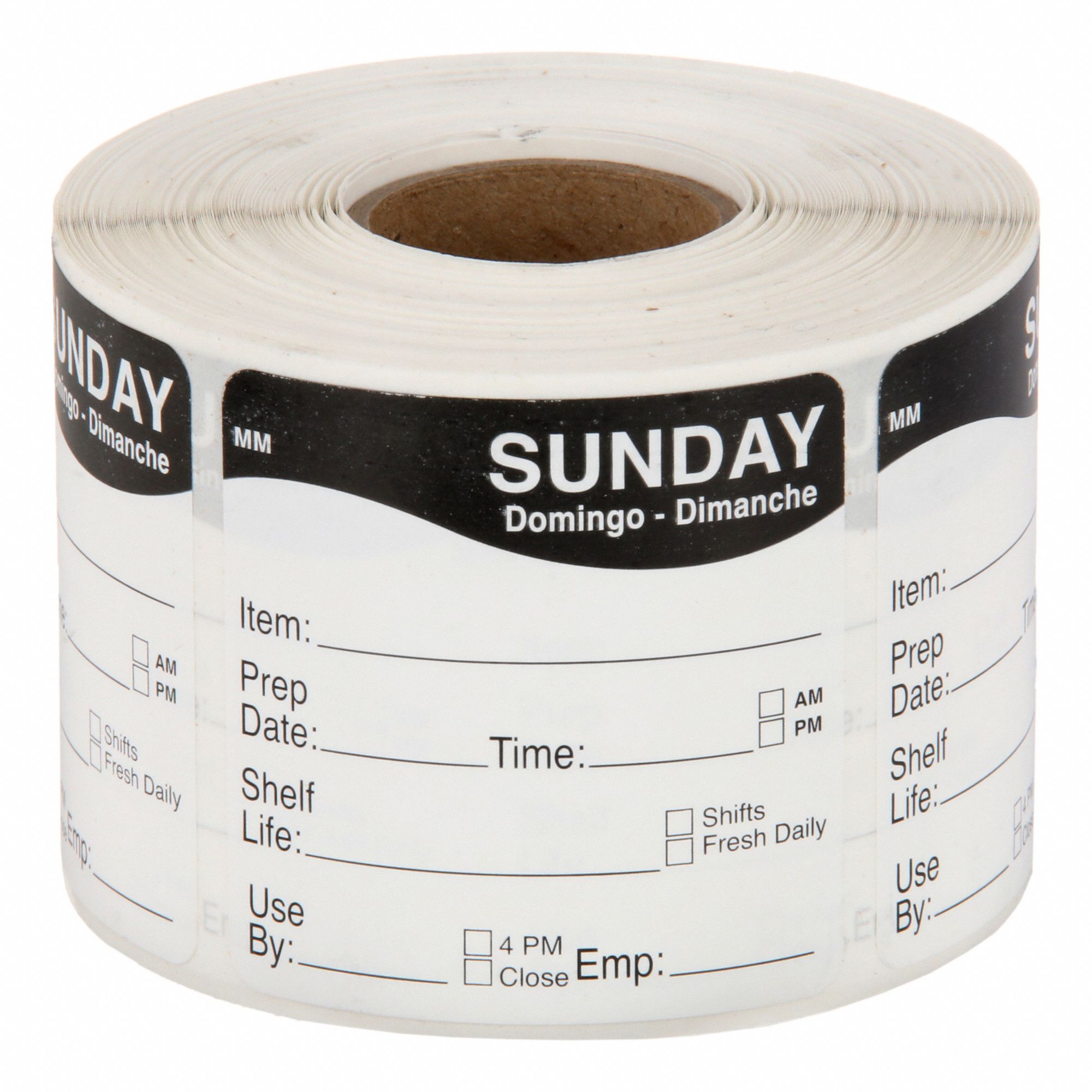 Food Safety Label: Black, Sunday, Removable Label, 500 Labels, 2 in Ht, 2 in Wd