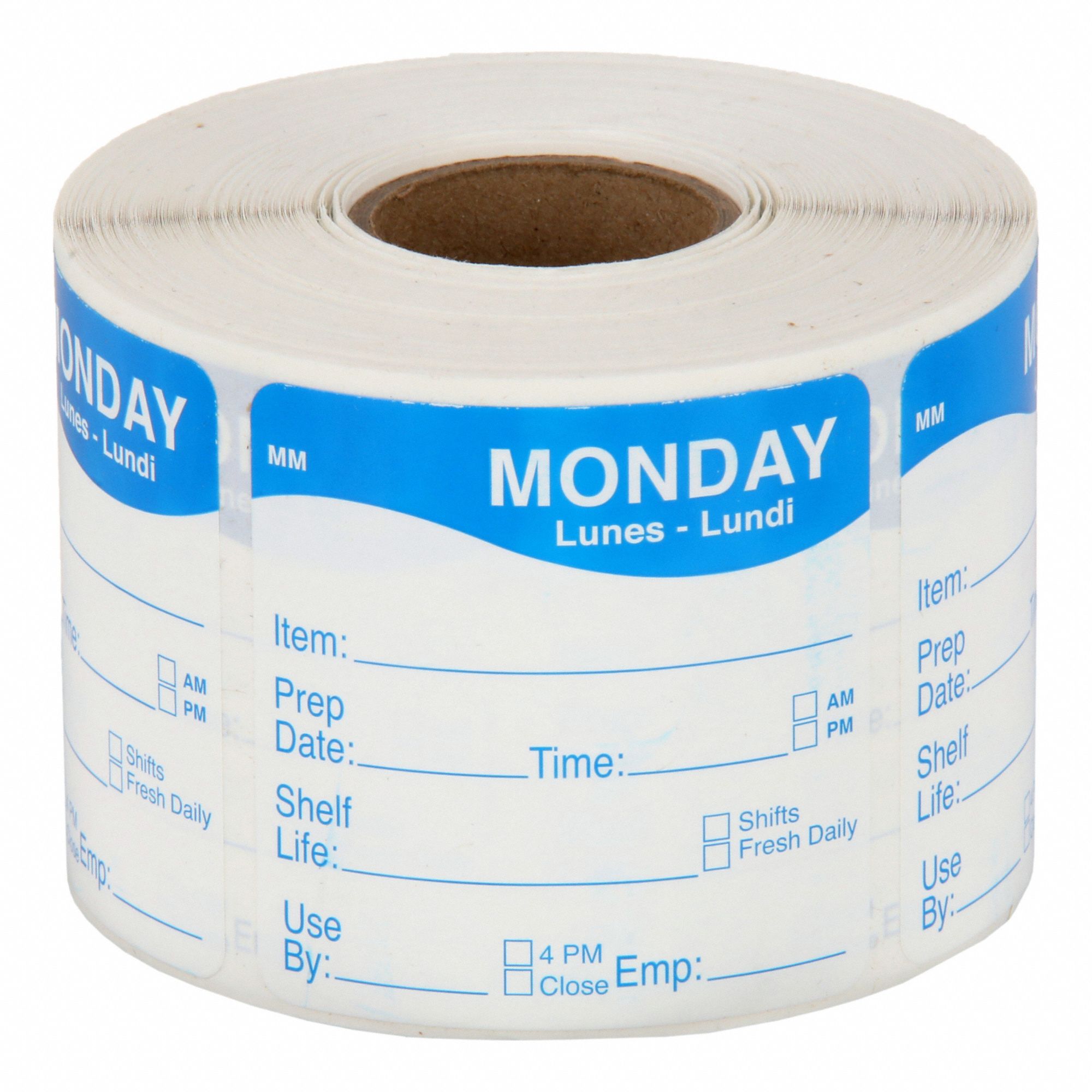 Food Safety Label: Blue, Monday, Removable Label, 500 Labels, 2 in Ht, 2 in Wd