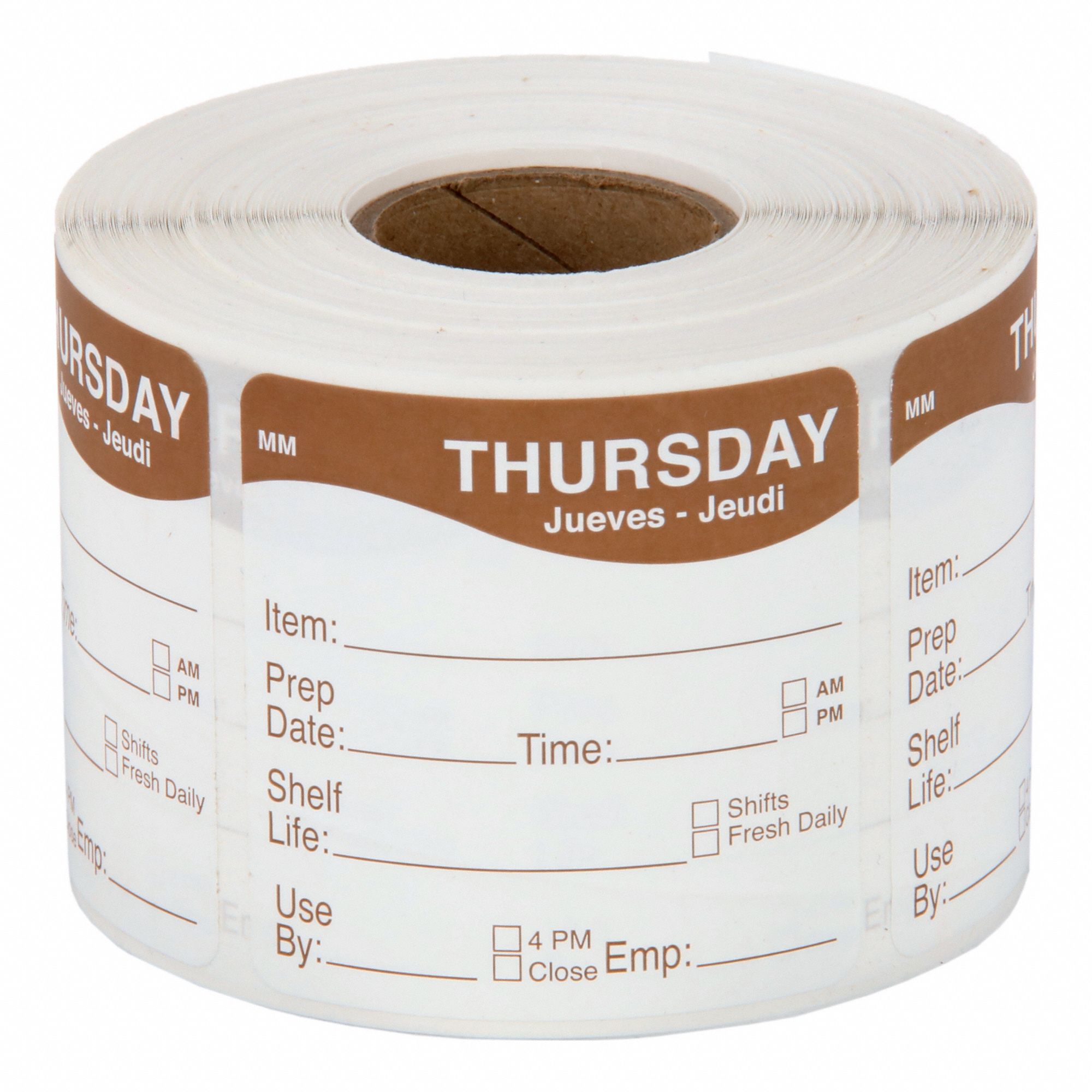 Food Safety Label: Brown, Thursday, Removable Label, 500 Labels, 2 in Ht, 2 in Wd