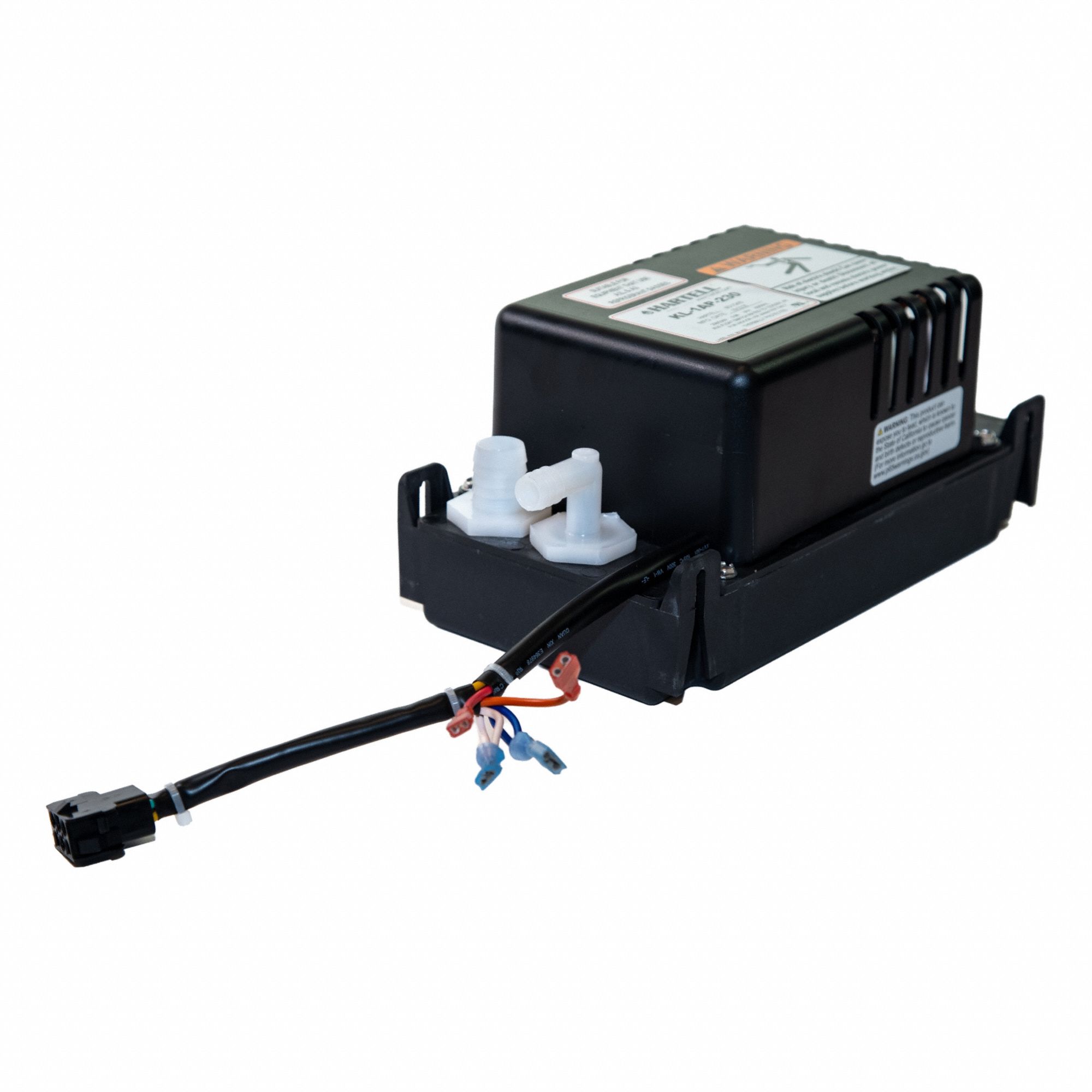 HARTELL Condensate Removal Pump: 230V AC, 1 qt Tank, 1/10 hp, 1.5 gpm, 14 ft Max. Head (MPN KL-1AP-230 / 491-0523A). Key specifications — Nameplate Voltage: 230V AC; Brand: HARTELL; Included Accessories: Safety Switch; Plenum Rated: No.