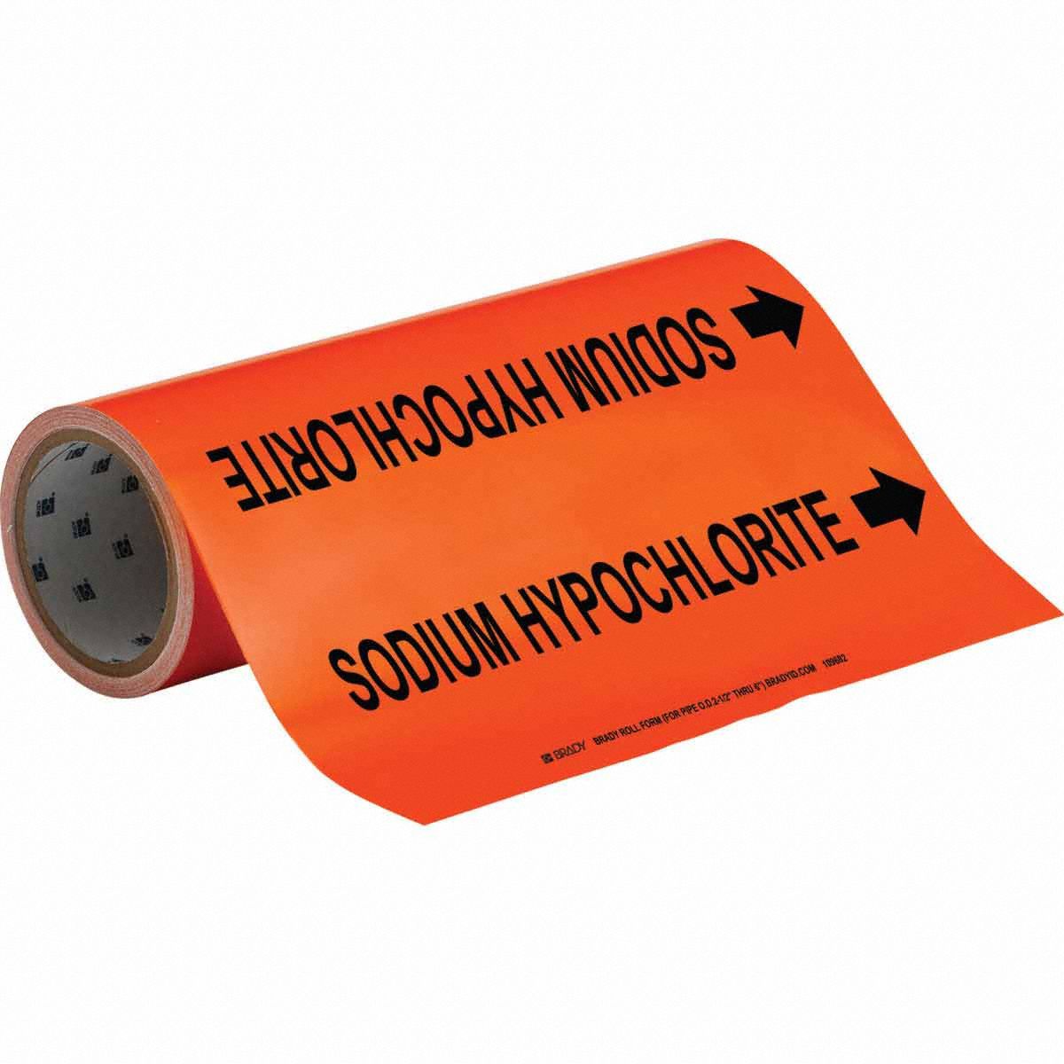 Pipe Marker: Sodium Hypochlorite, Orange, Black, Fits 2 1/2 to 6 in Pipe O.D., 30 Pipe Markers