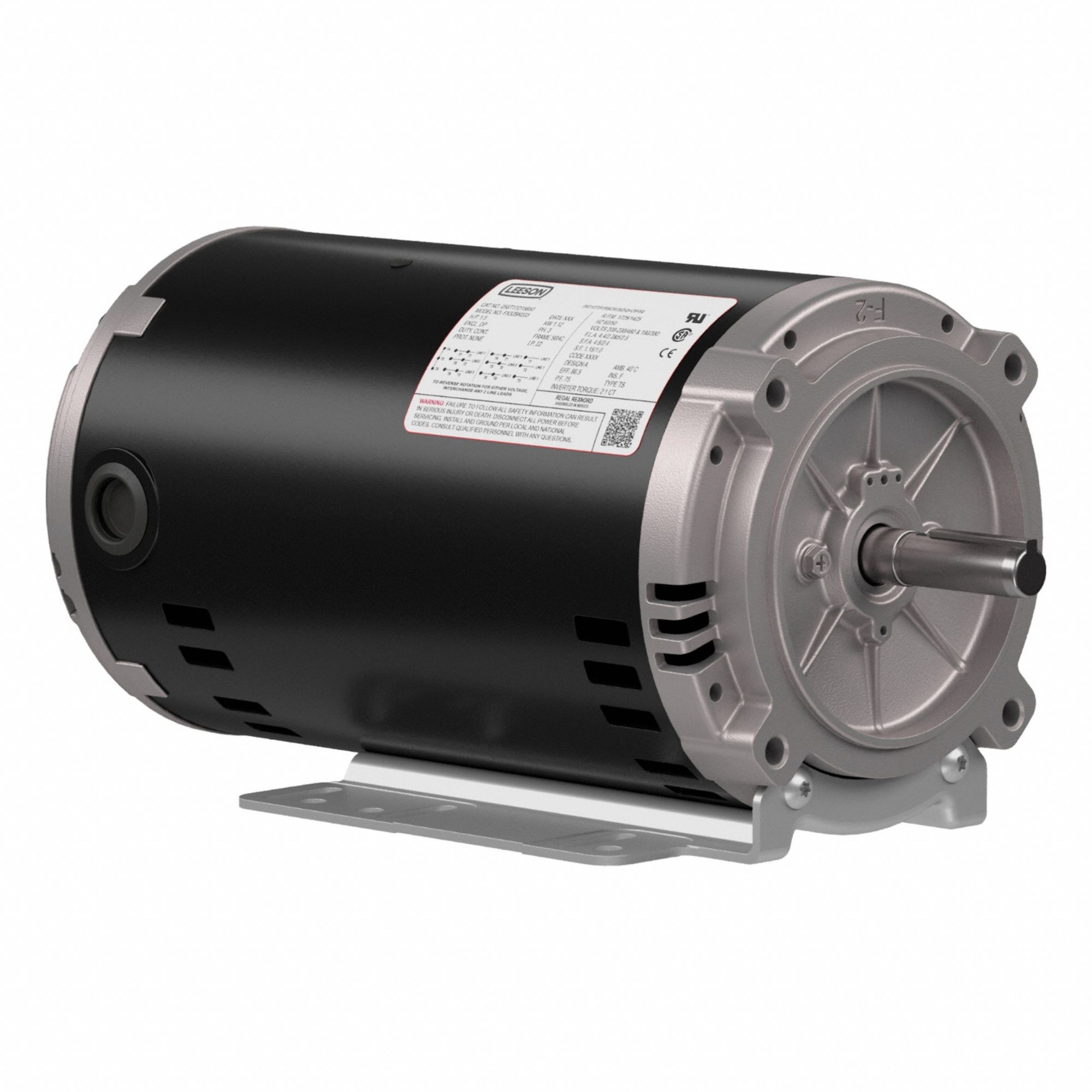 LEESON General Purpose Motors: C-Face/Universal Mount, Open Drip Proof, 1 1/2 hp, 230/460V AC (MPN 056T17D15850). Key specifications — Brand: LEESON; Nameplate Voltage @ 60 Hz: 230/460V AC; Full Load Current @ 60 Hz: 4.4/2.2 A; Nameplate RPM @ 60 Hz: 1,725 RPM; Motor Enclosure: ODP.