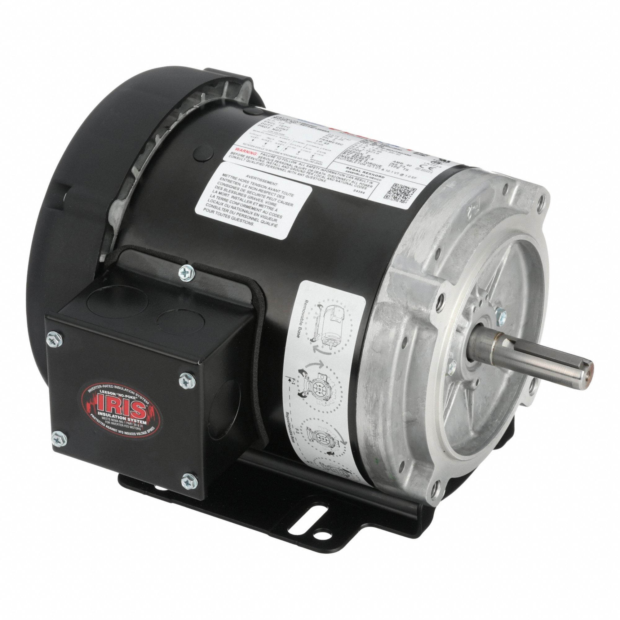LEESON General Purpose Motors: C-Face/Universal Mount, Totally Enclosed Fan Cooled, 1/3 hp (MPN 056T34F15665). Key specifications — Brand: LEESON; Nameplate Voltage @ 60 Hz: 208-230/460V AC; Full Load Current @ 60 Hz: 1.8-1.8/0.90 A; Nameplate RPM @ 60 Hz: 3,450 RPM; Motor Enclosure: TEFC.