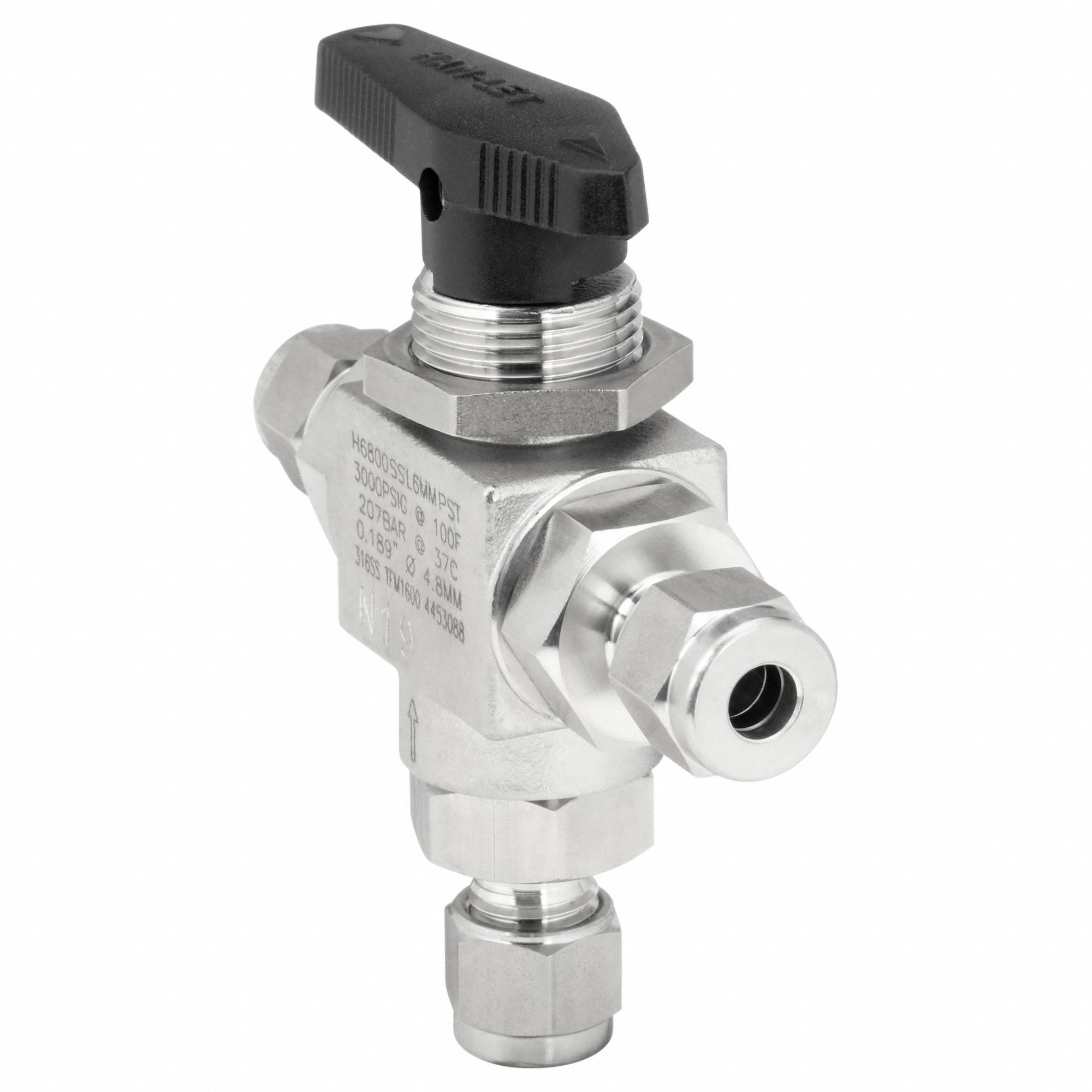 Manual Three-Way Ball Valve: 6 mm, 316 Stainless Steel, L Flow, Full Port Ball Port, Lever