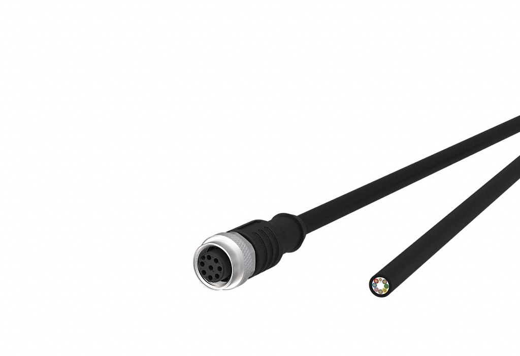 Sensor Cable: M12 Female Straight X Free End, 8 Pins, Black, PUR, 5 m Cable Lg, 2 A Max Current (A)