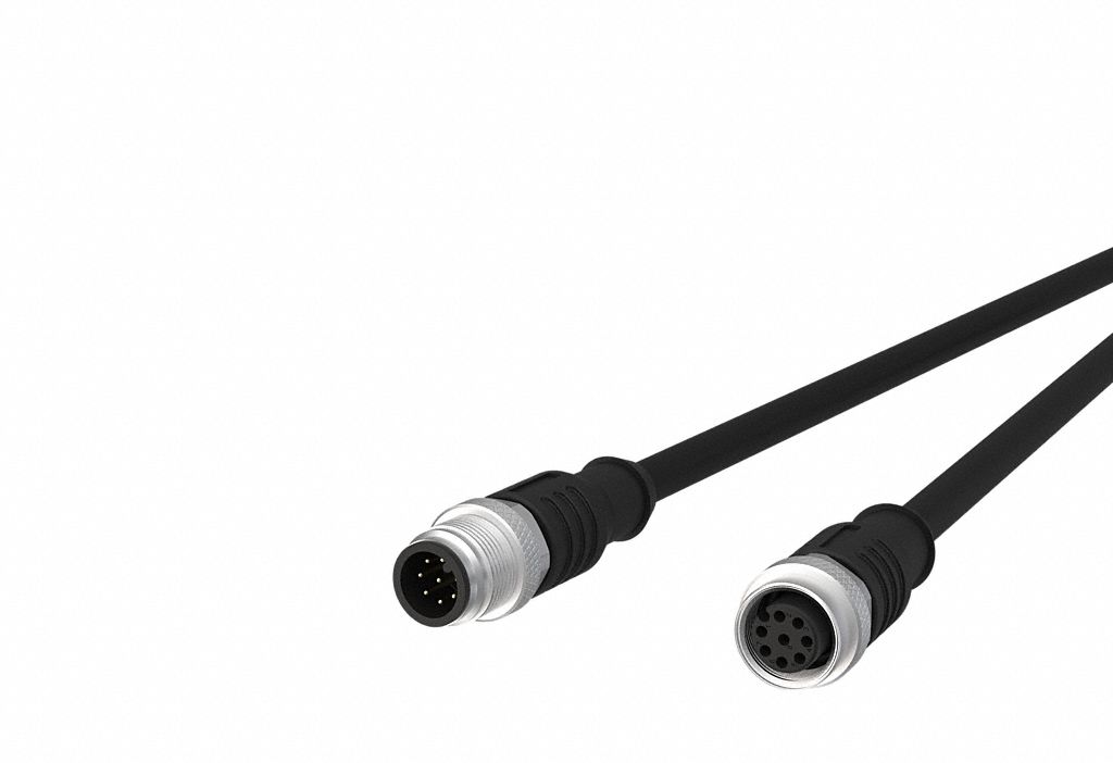 Sensor Cable: M12 Male Straight X M12 Female Straight, 8 Pins, Black, PUR, 1 m Cable Lg