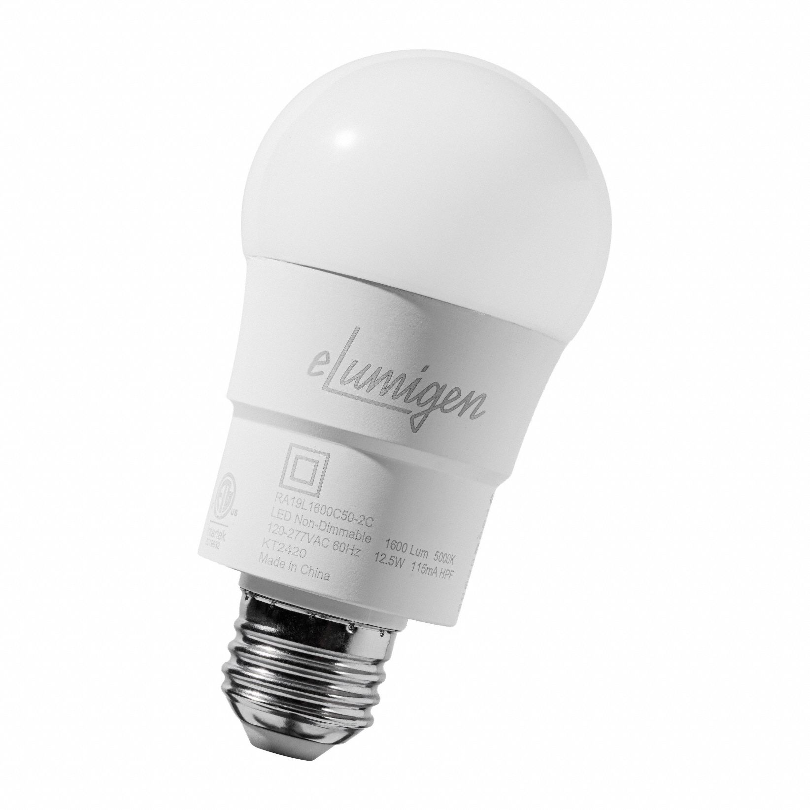 ELUMIGEN Compact LED Bulb: Medium Screw (E26), LED, (A) Classic, A19, 12.5 W Watt, 5000K, Frosted (MPN RA19L1600C50-2C). Key specifications — attr233510: A19; attr233525: 120 to 277V AC; attr233549: Frosted; attr518949: 5000K; attr239859: ELUMIGEN; attr935304: Rough Service.