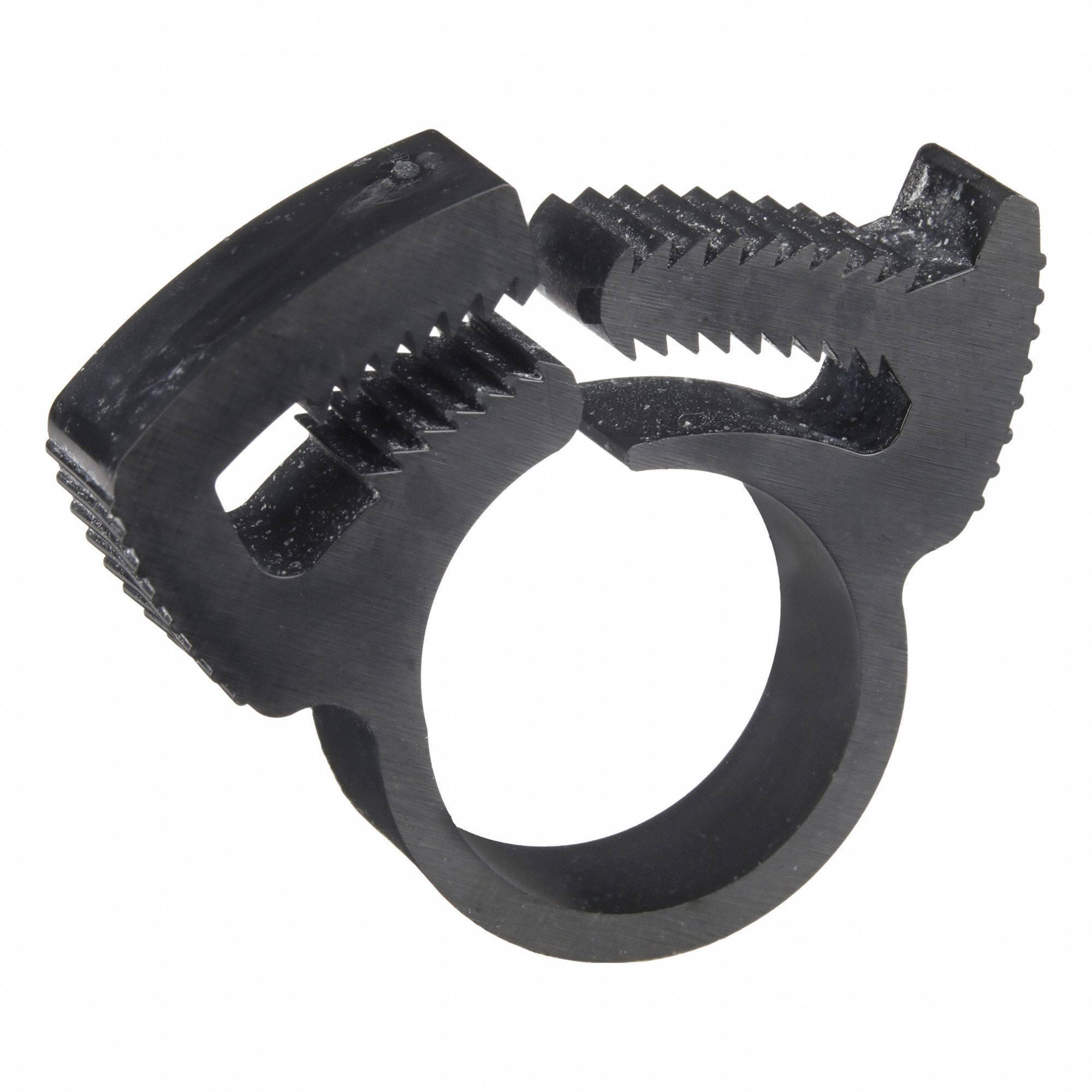 Double Grip Plastic Hose Clamp: Nylon, Black, Double Tooth, 0.48 in – 0.56 in Clamping Dia