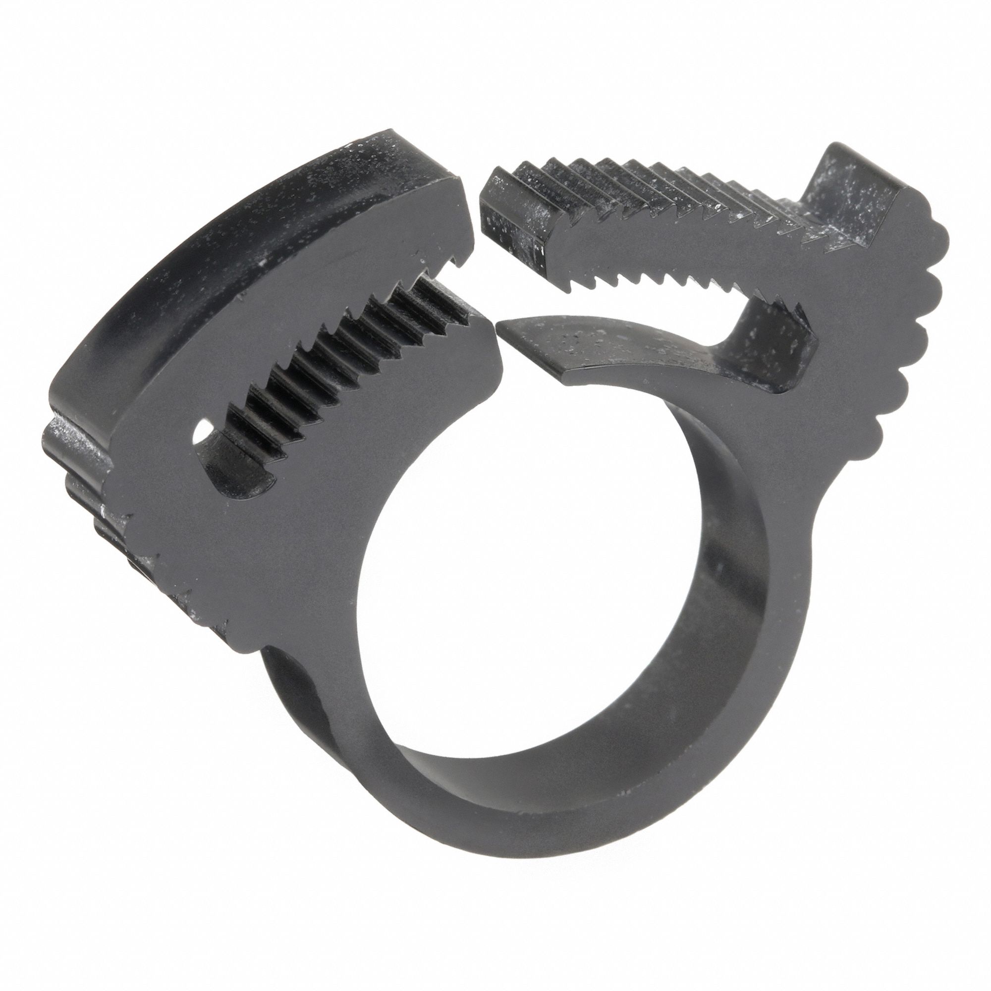Double Grip Plastic Hose Clamp: Nylon, Black, Double Tooth, 0.59 in – 0.69 in Clamping Dia