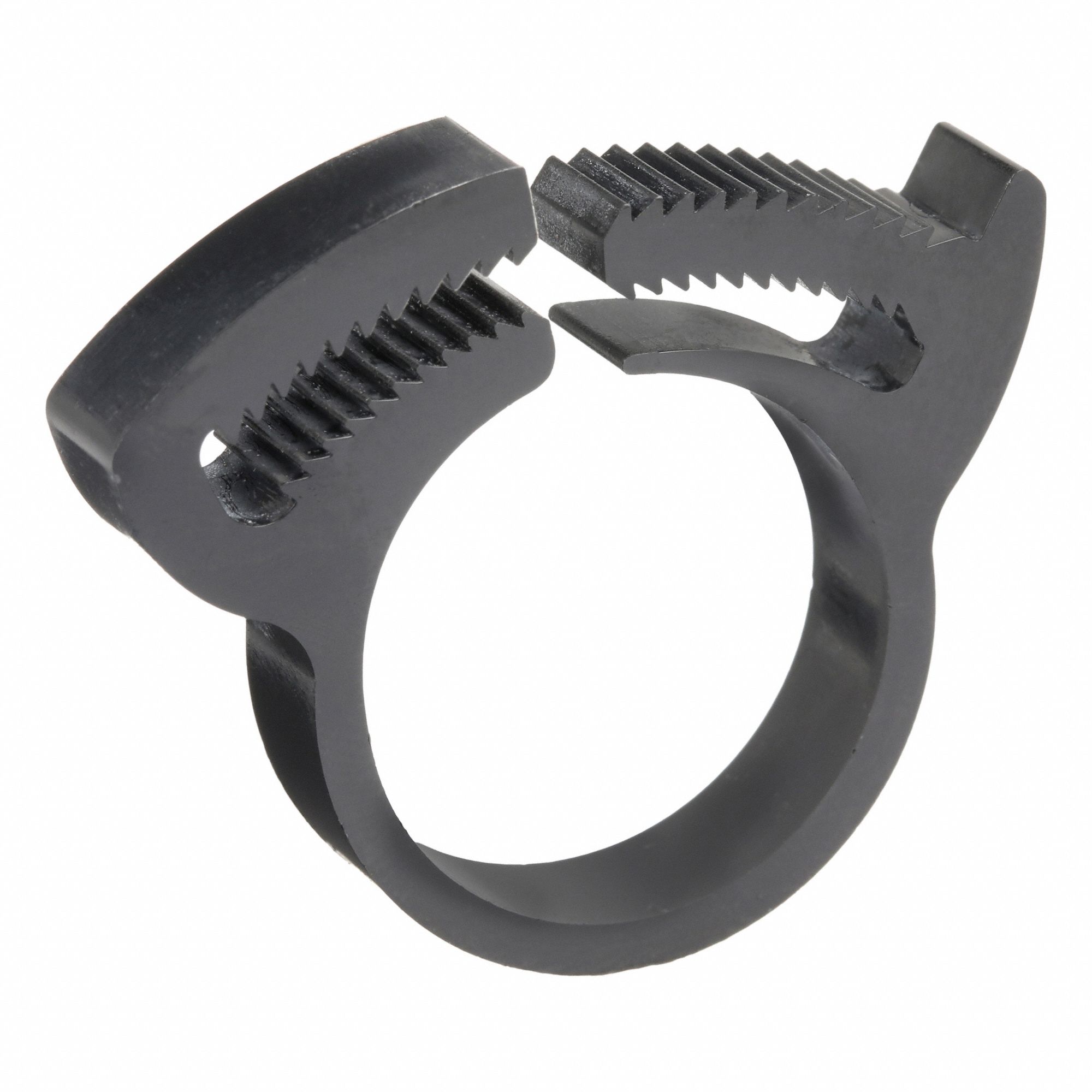 Double Grip Plastic Hose Clamp: Nylon, Black, Double Tooth, 0.72 in – 0.83 in Clamping Dia