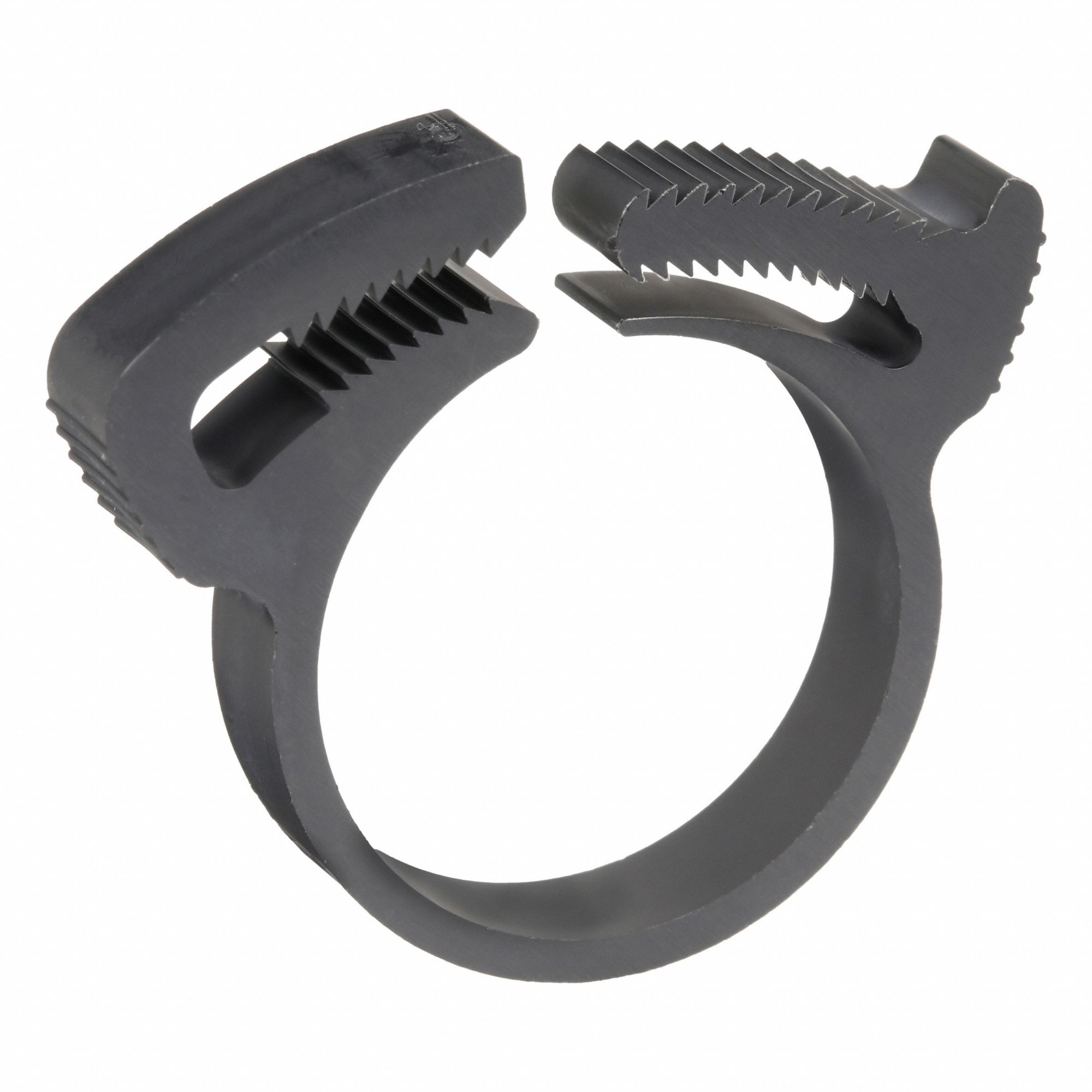 Double Grip Plastic Hose Clamp: Nylon, Black, Double Tooth, 0.88 in – 0.99 in Clamping Dia
