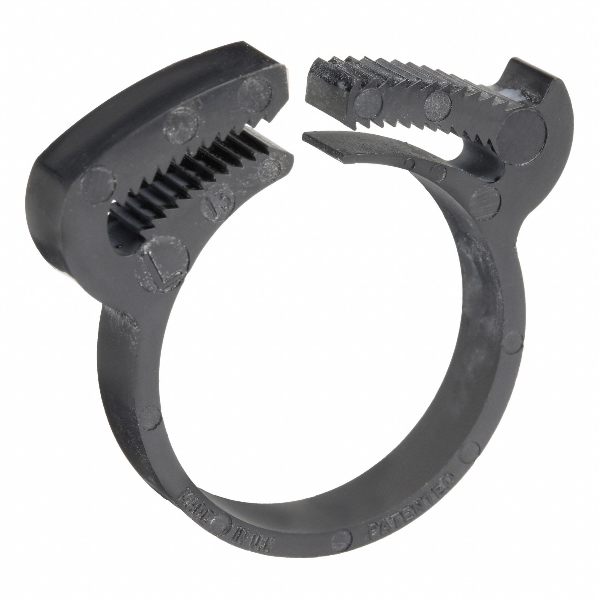 Double Grip Plastic Hose Clamp: Nylon, Black, Double Tooth, 0.99 in – 1.11 in Clamping Dia
