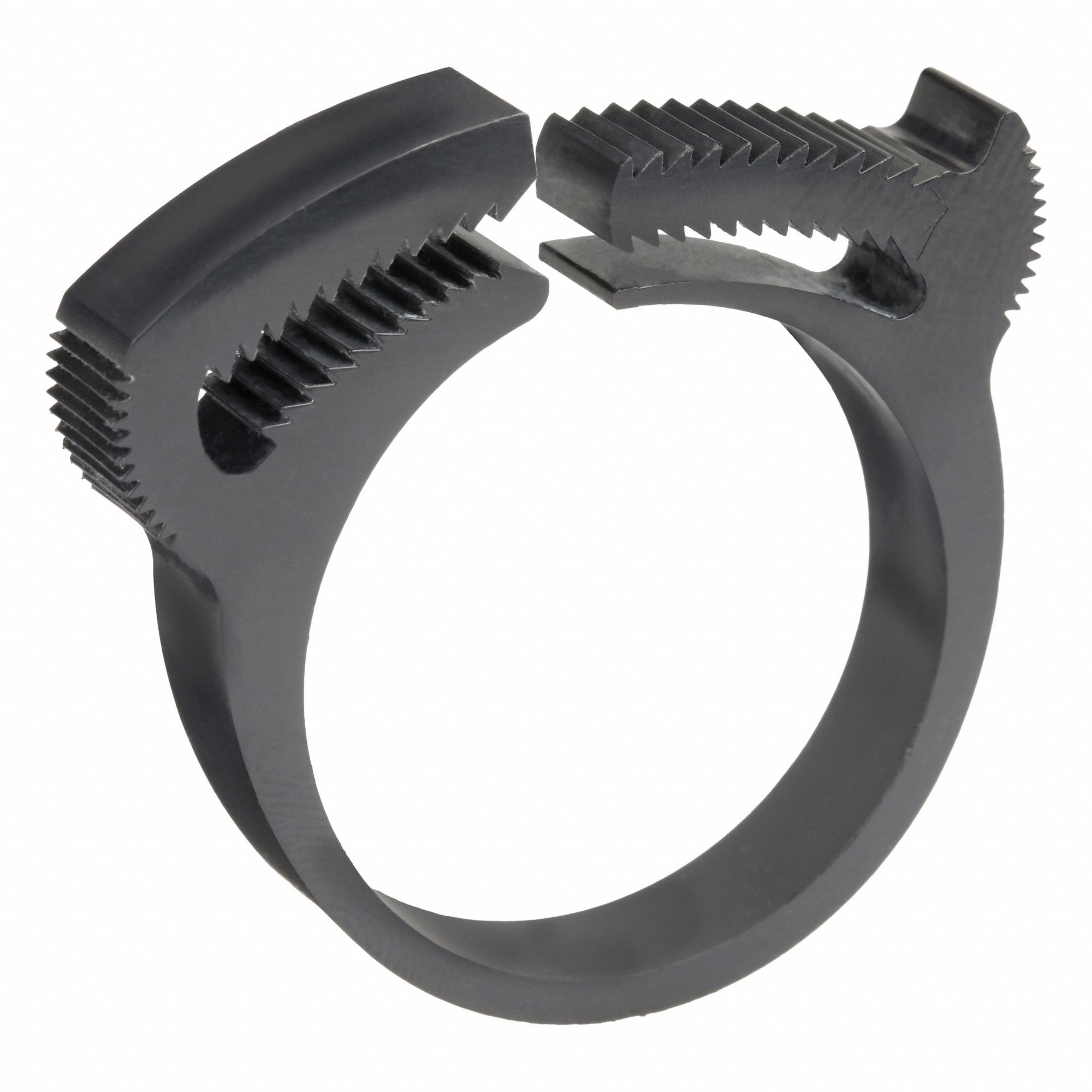 Double Grip Plastic Hose Clamp: Nylon, Black, Double Tooth, 1.04 in – 1.18 in Clamping Dia