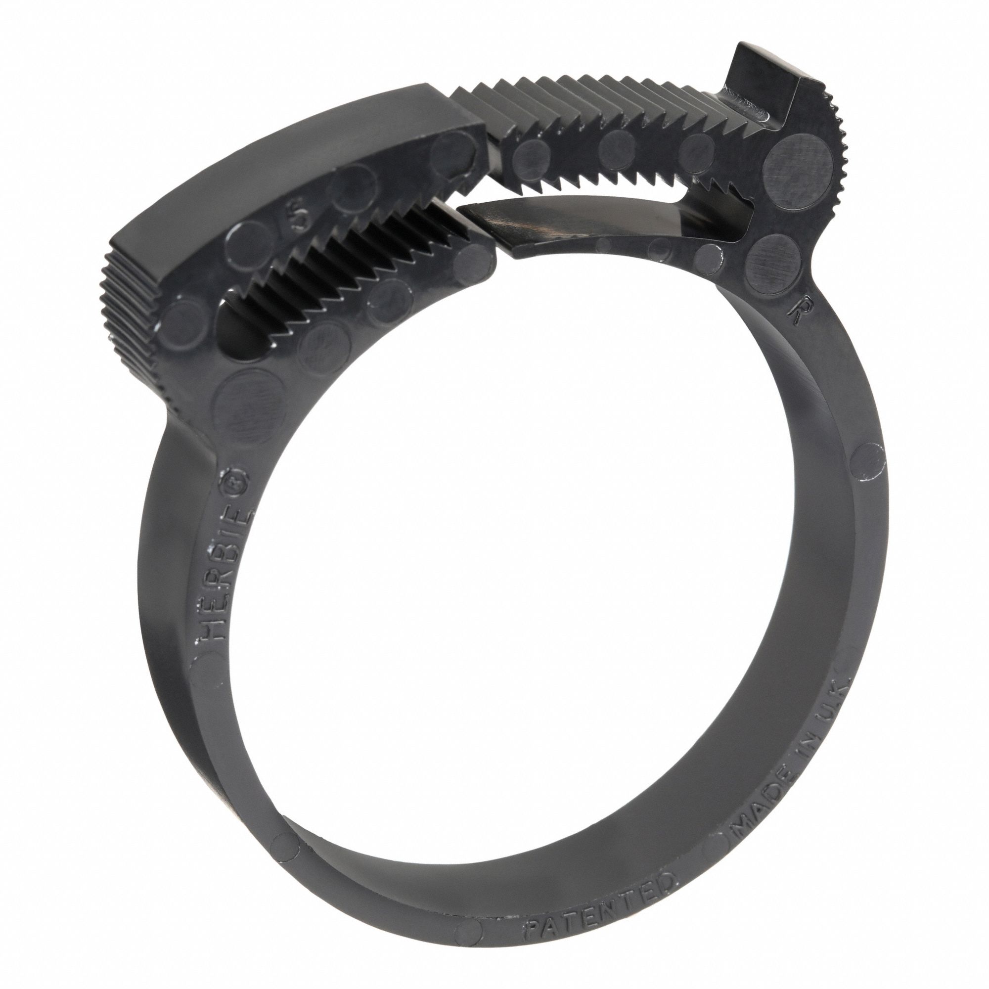 Double Grip Plastic Hose Clamp: Nylon, Black, Double Tooth, 1.47 in – 1.61 in Clamping Dia