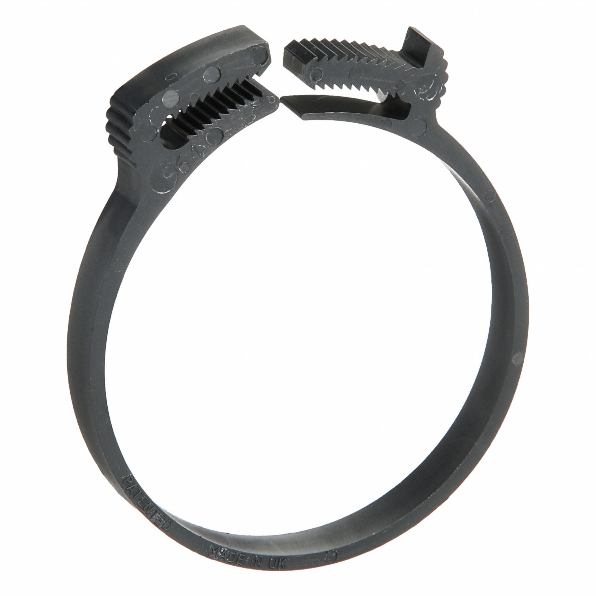 Double Grip Plastic Hose Clamp: Nylon, Black, Double Tooth, 2.5 in – 2.63 in Clamping Dia