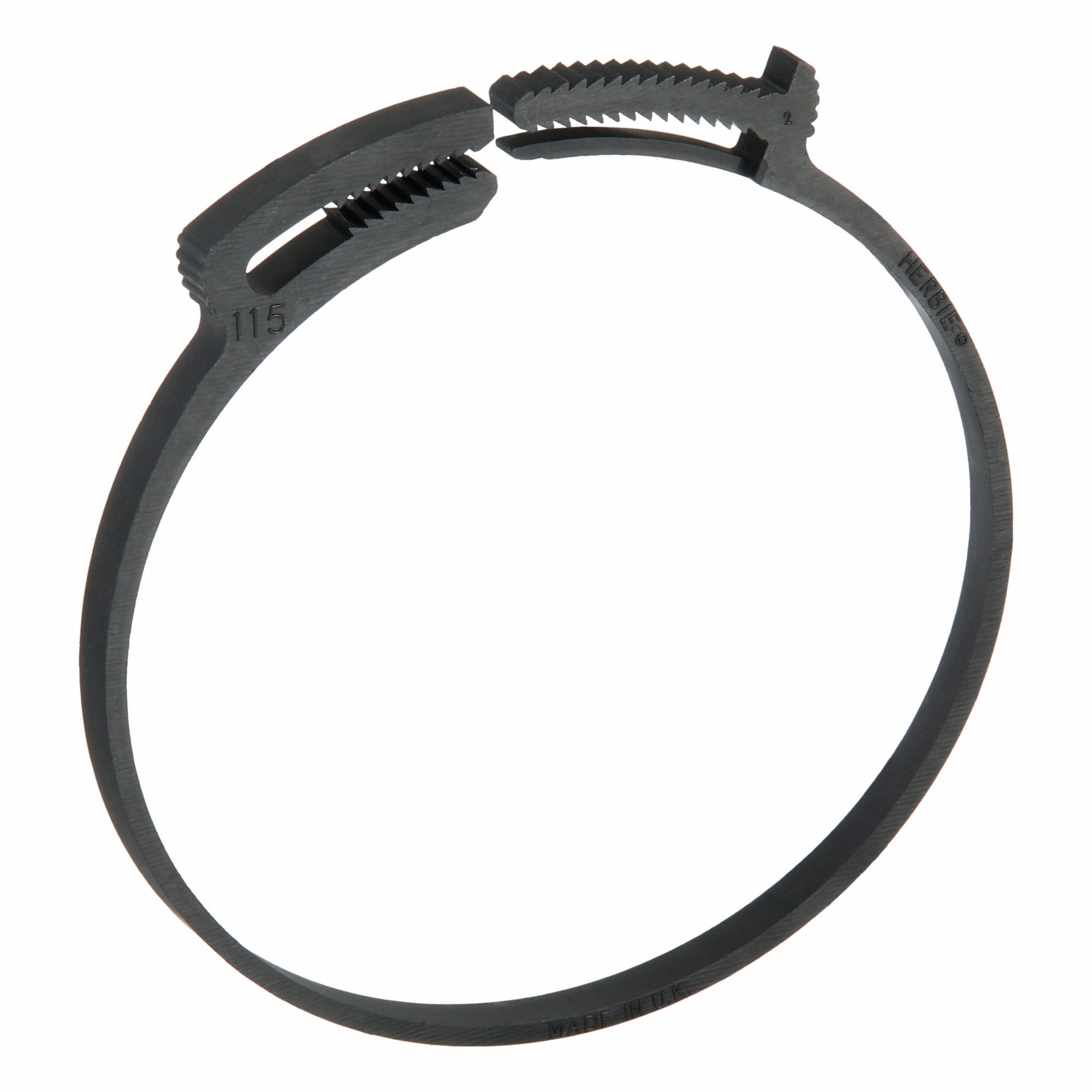 Double Grip Plastic Hose Clamp: Nylon, Black, Double Tooth, 4.49 in – 4.8 in Clamping Dia