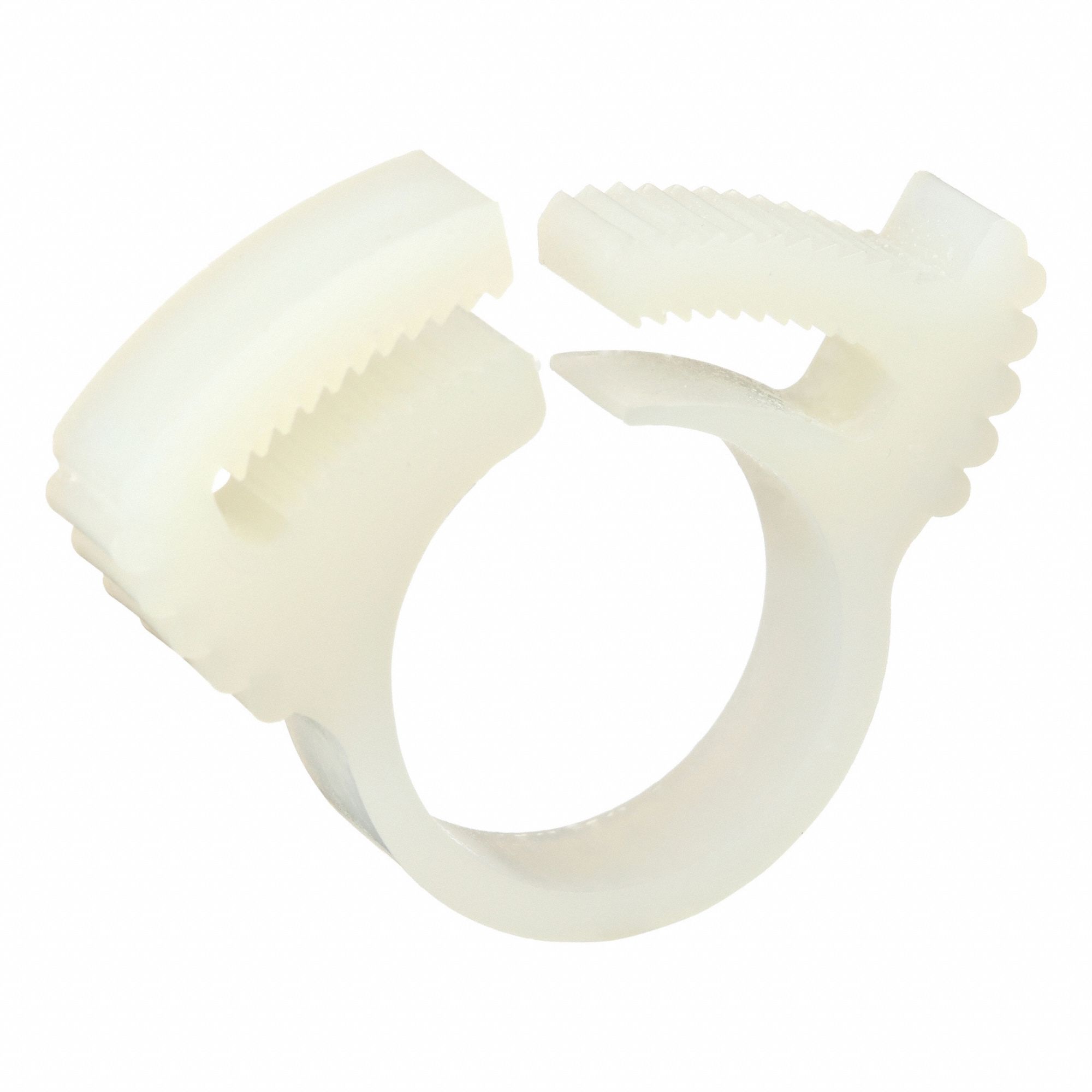Double Grip Plastic Hose Clamp: Nylon, Natural, Double Tooth, 0.59 in – 0.69 in Clamping Dia