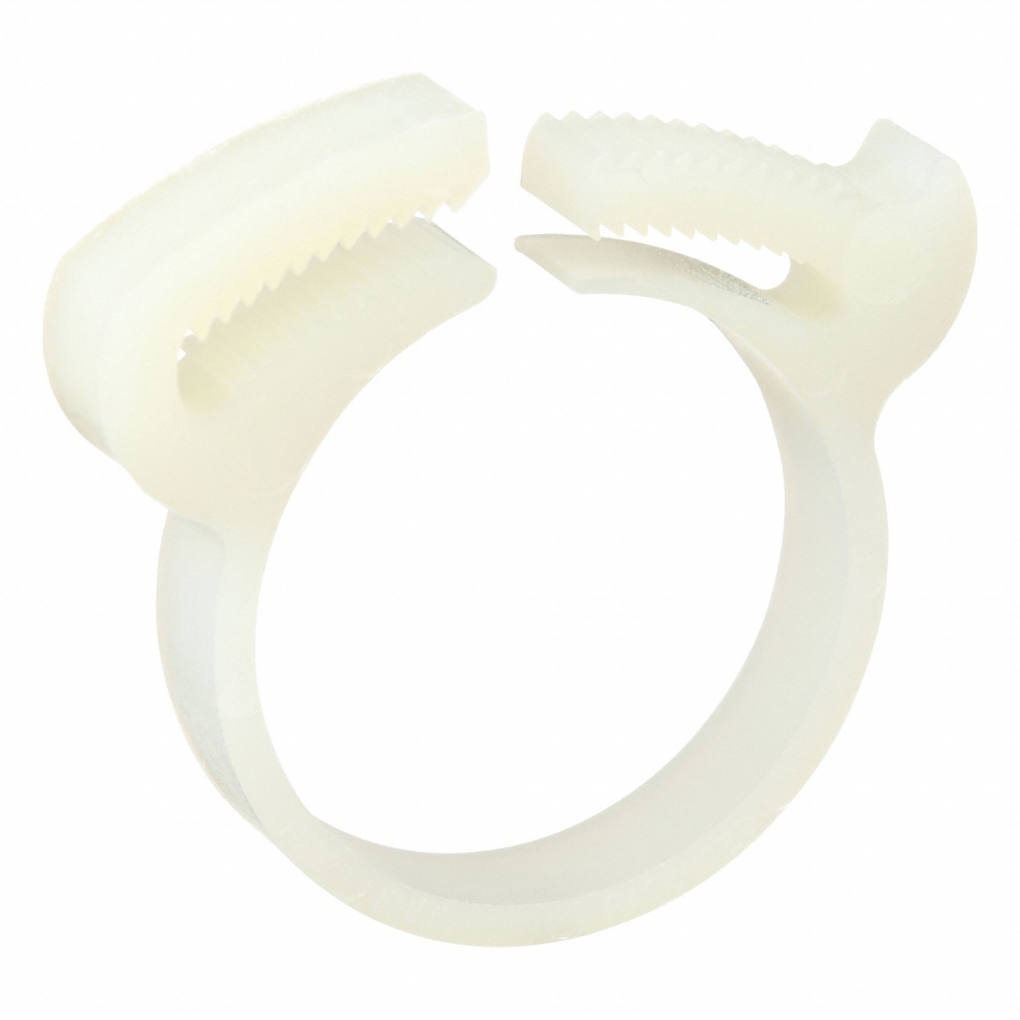 Double Grip Plastic Hose Clamp: Nylon, Natural, Double Tooth, 0.99 in – 1.11 in Clamping Dia