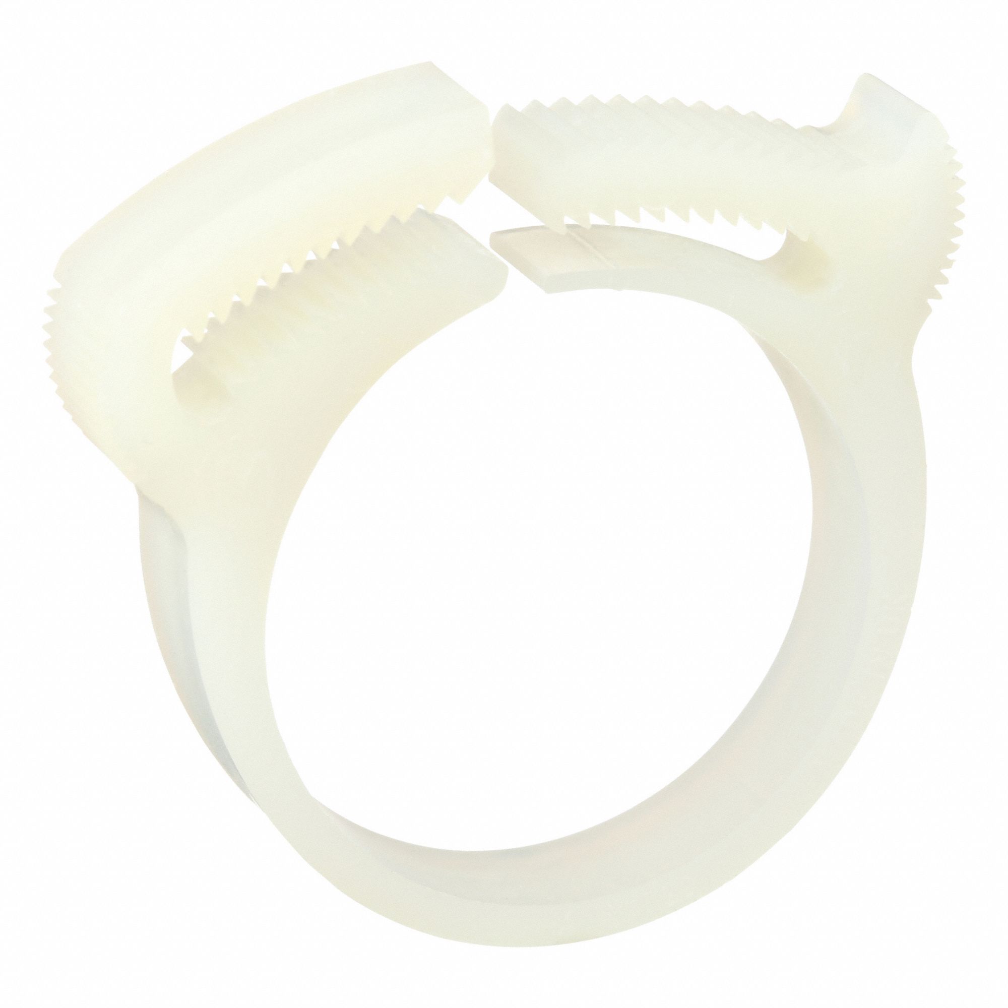 Double Grip Plastic Hose Clamp: Nylon, Natural, Double Tooth, 1.04 in – 1.18 in Clamping Dia
