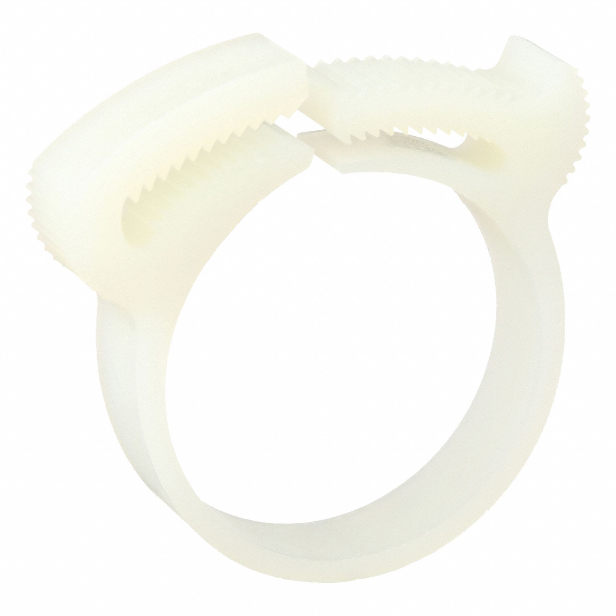 Double Grip Plastic Hose Clamp: Nylon, Natural, Double Tooth, 1.16 in – 1.29 in Clamping Dia