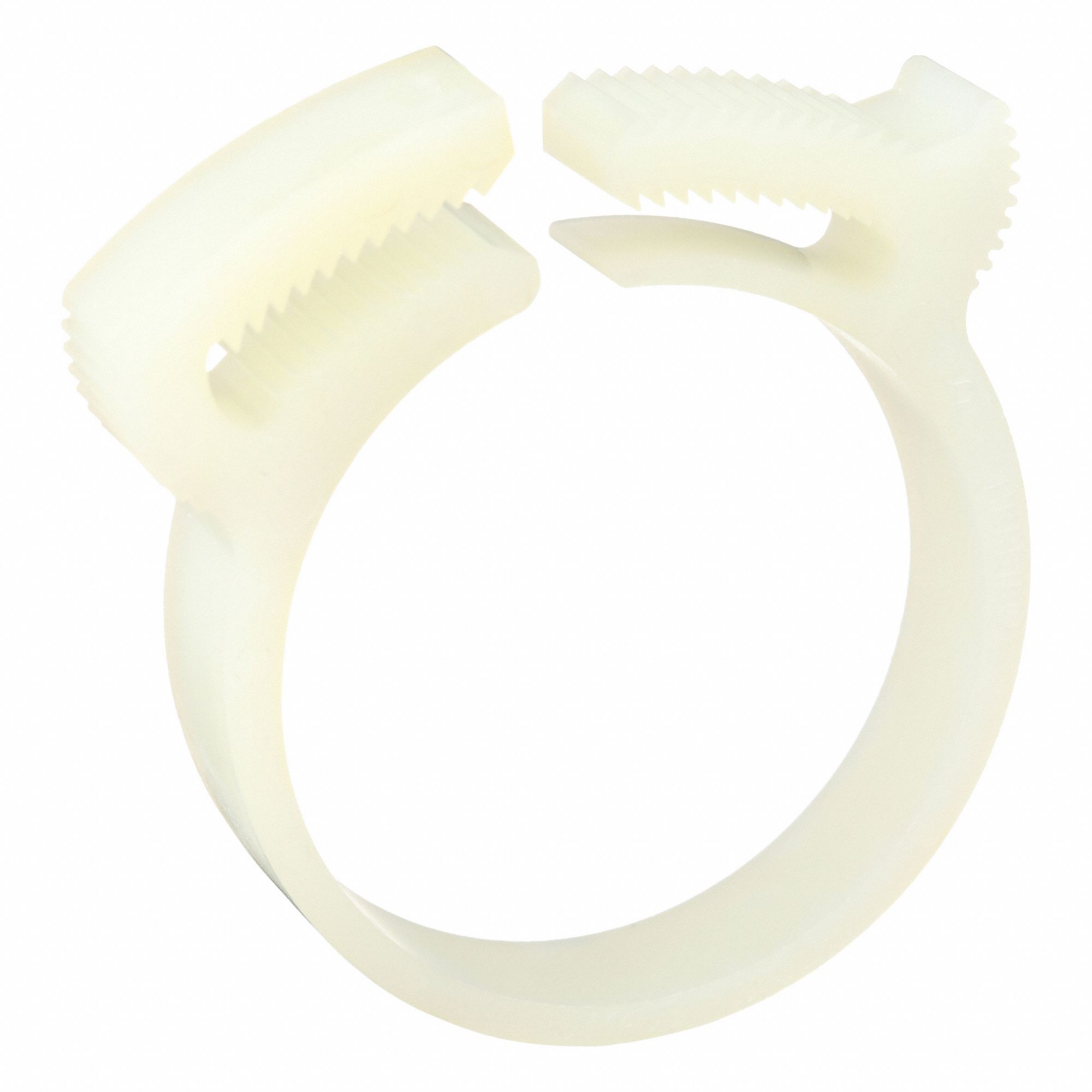 Double Grip Plastic Hose Clamp: Nylon, Natural, Double Tooth, 1.27 in – 1.39 in Clamping Dia