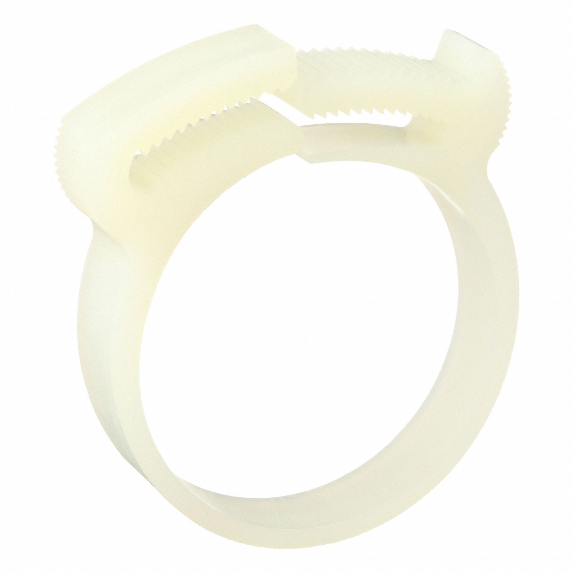 Double Grip Plastic Hose Clamp: Nylon, Natural, Double Tooth, 1.39 in – 1.52 in Clamping Dia
