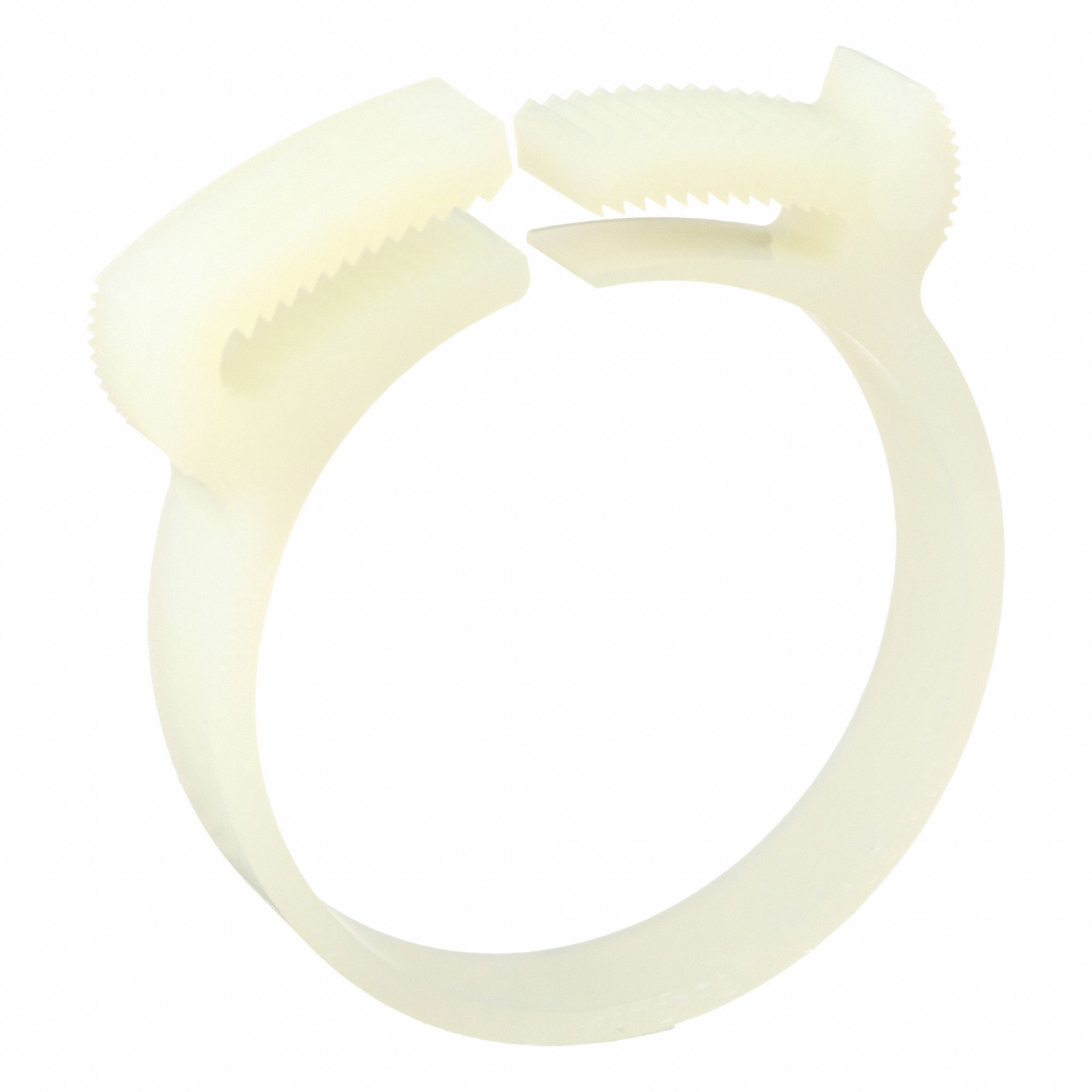 Double Grip Plastic Hose Clamp: Nylon, Natural, Double Tooth, 1.47 in – 1.61 in Clamping Dia