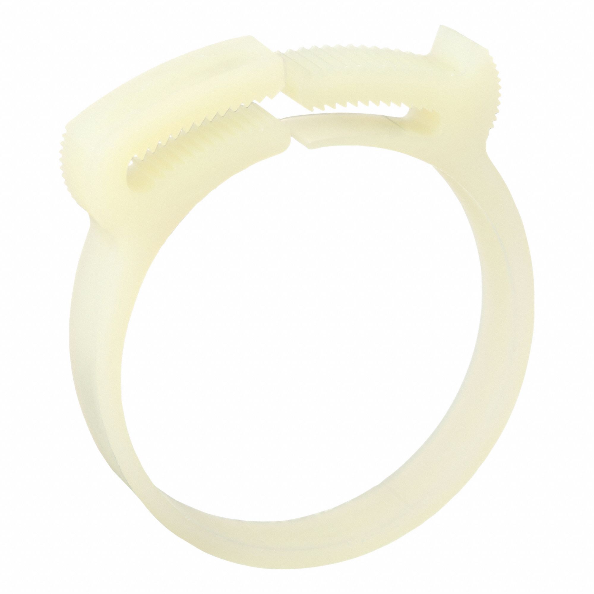 Double Grip Plastic Hose Clamp: Nylon, Natural, Double Tooth, 1.6 in – 1.75 in Clamping Dia