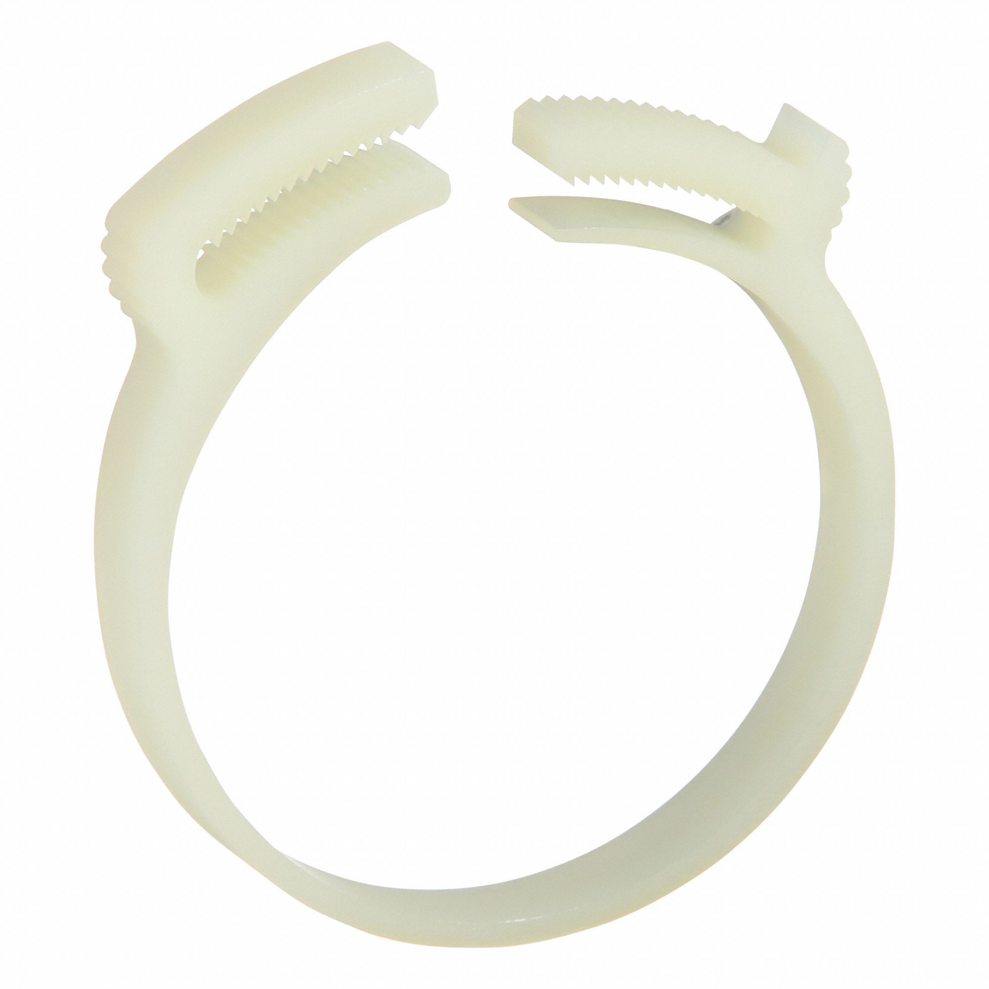 Double Grip Plastic Hose Clamp: Nylon, Natural, Double Tooth, 2.26 in – 2.34 in Clamping Dia