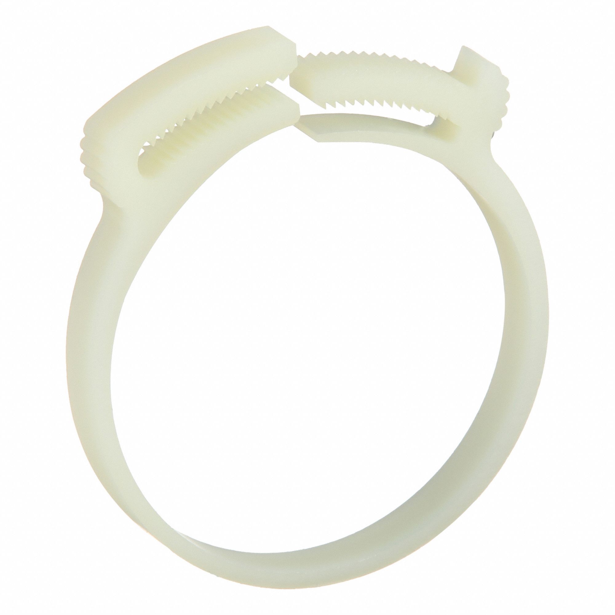 Double Grip Plastic Hose Clamp: Nylon, Natural, Double Tooth, 2.34 in – 2.54 in Clamping Dia