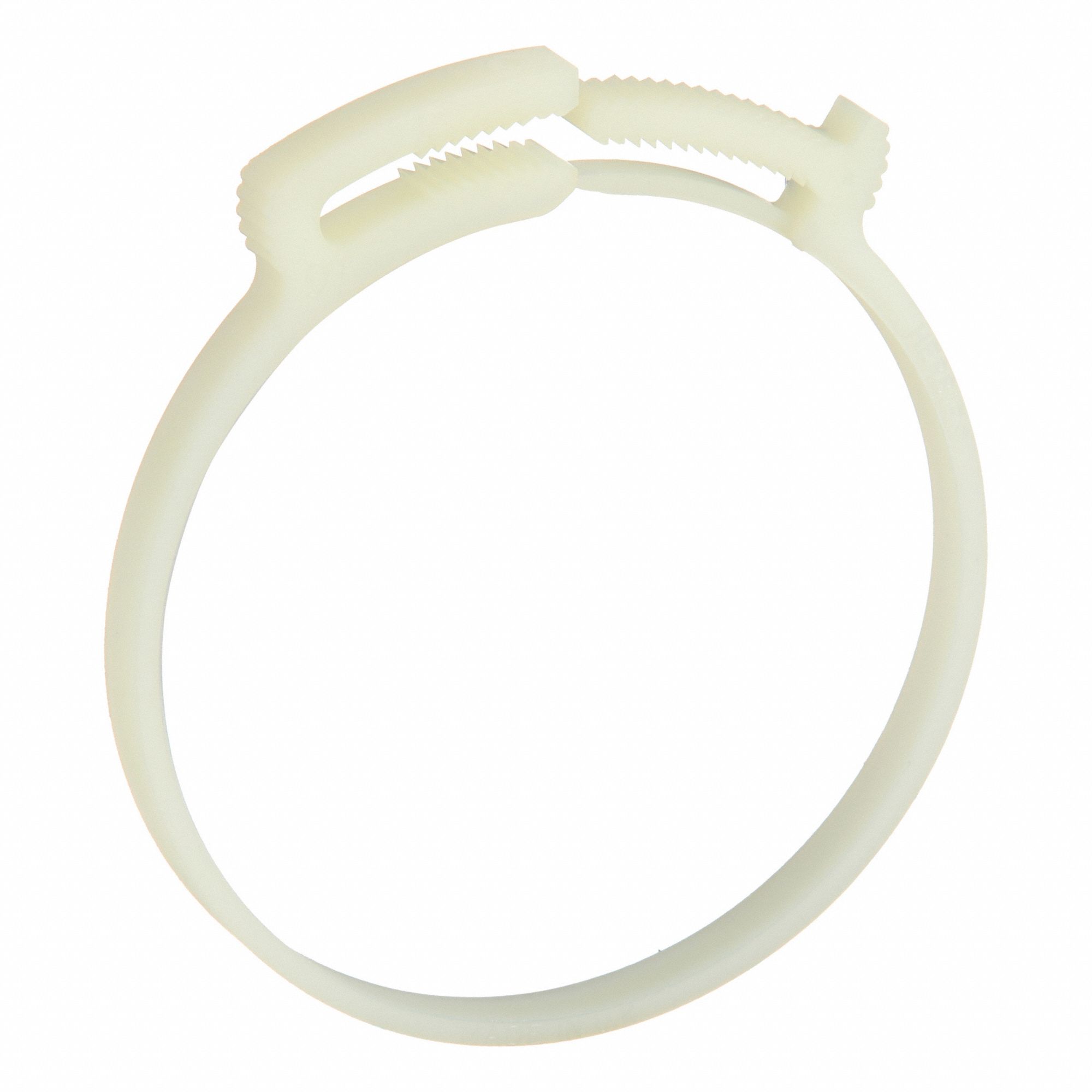 Double Grip Plastic Hose Clamp: Nylon, Natural, Double Tooth, 3.46 in – 3.73 in Clamping Dia