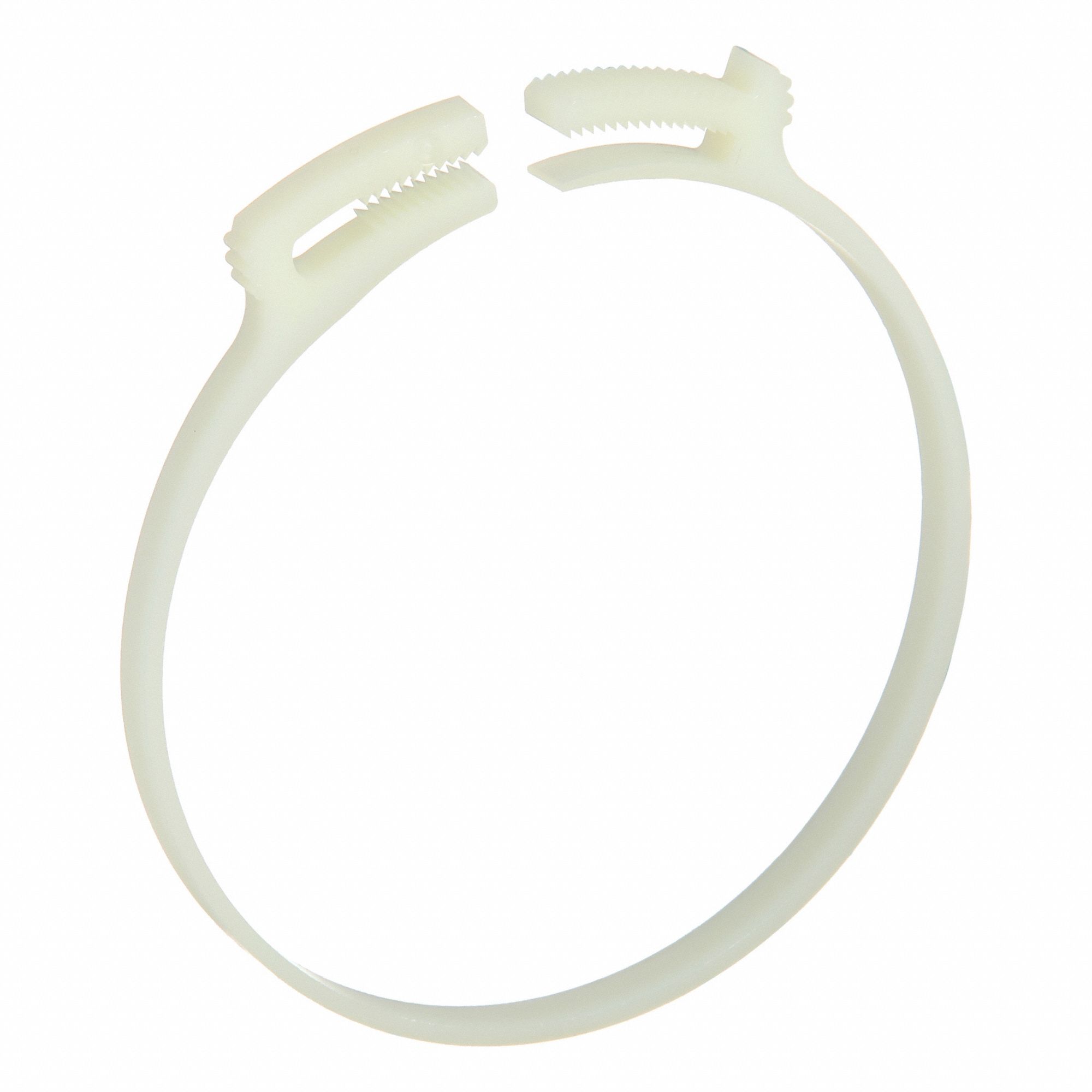 Double Grip Plastic Hose Clamp: Nylon, Natural, Double Tooth, 4.11 in – 4.35 in Clamping Dia